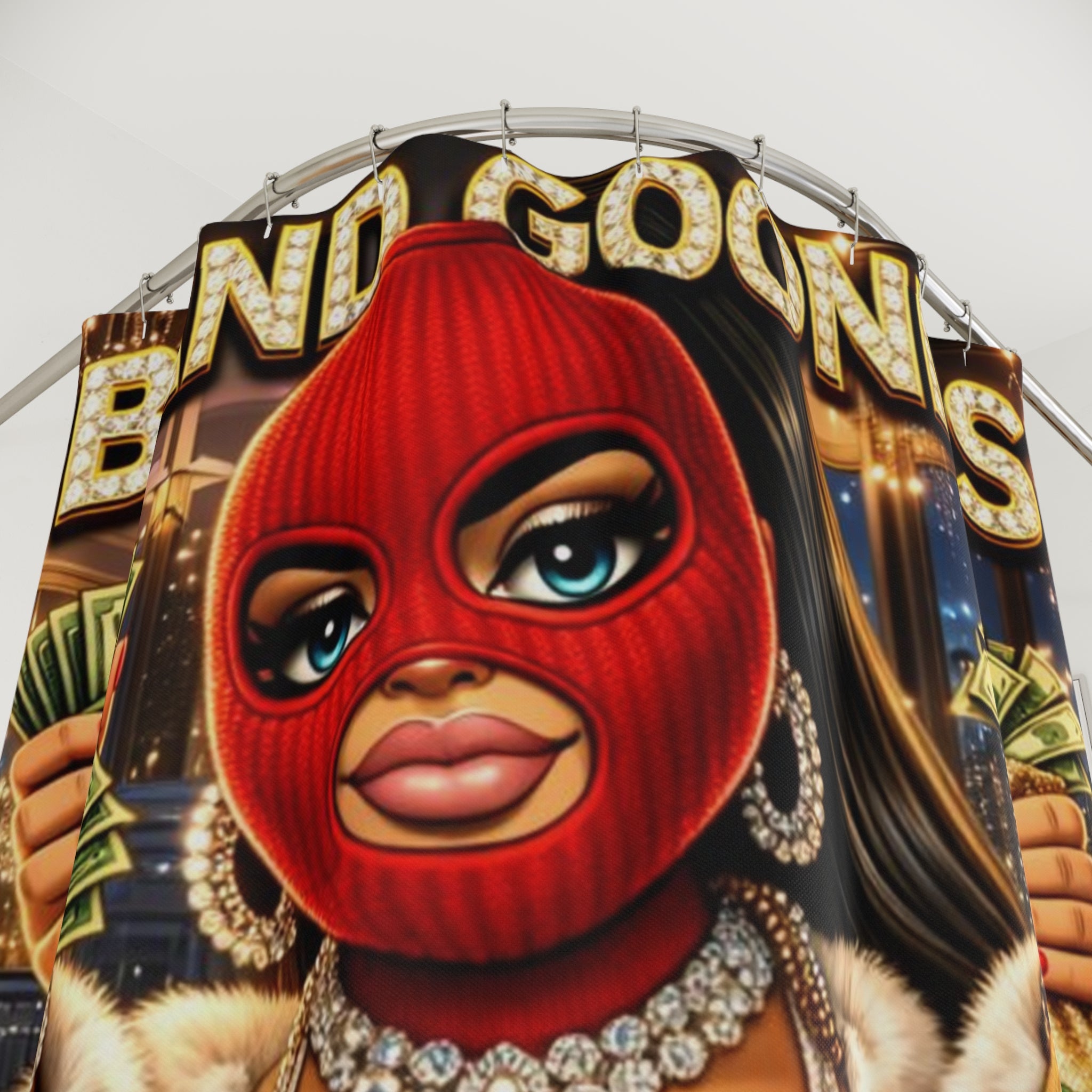 Bathroom Shower Curtain | Red Girl Goonie "Looks Like Money"