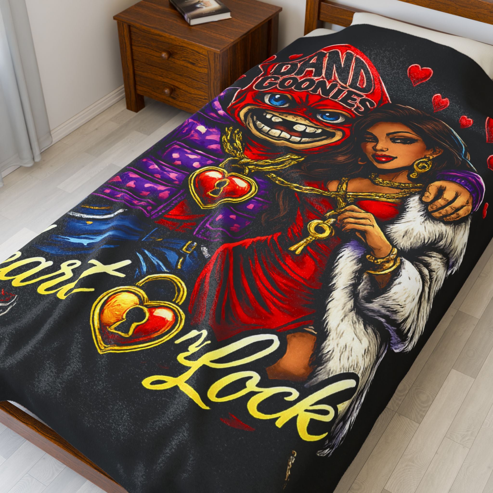 Love Velveteen Plush Blanket (Black) | Red Goonie Couple "Heart on Lock"
