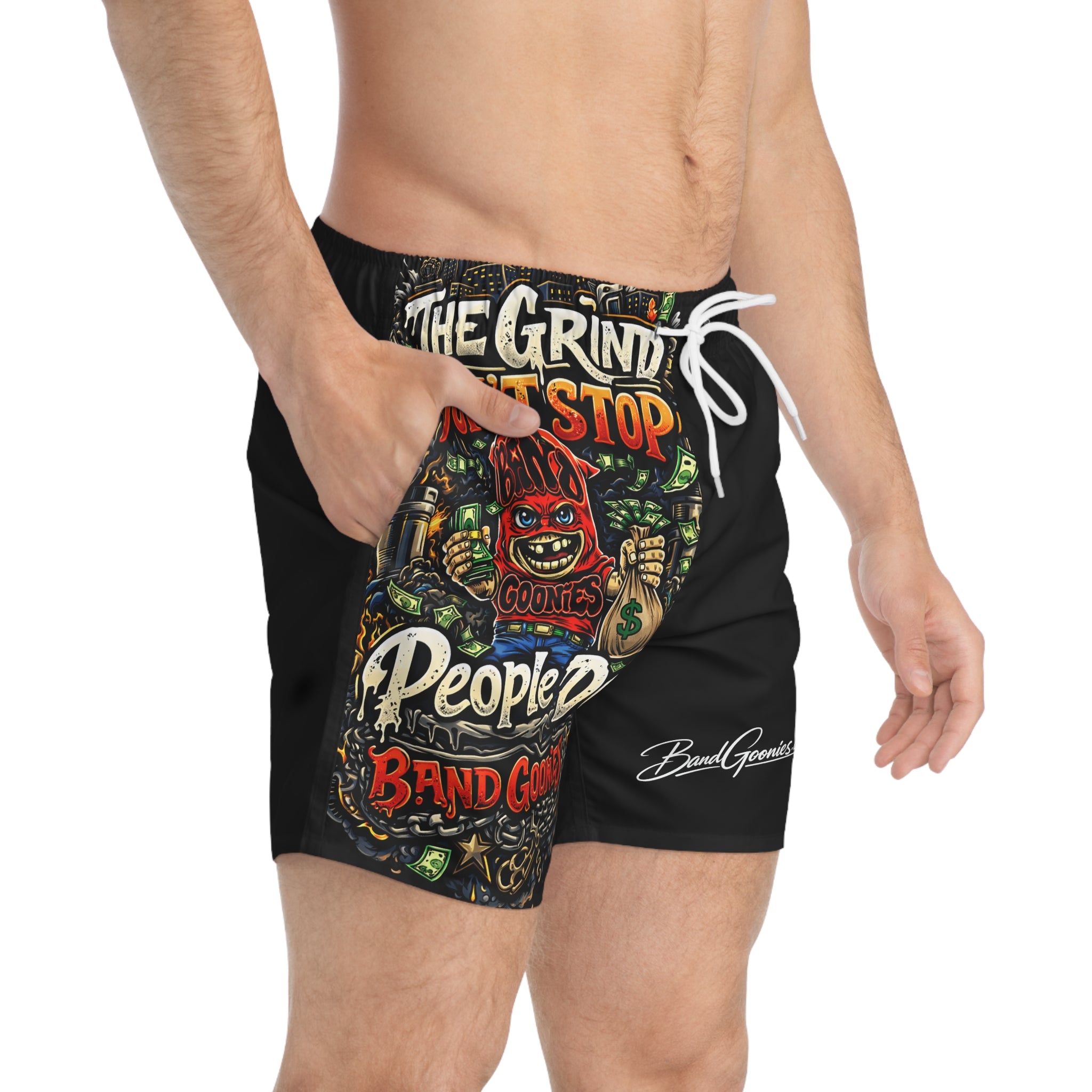 Swim Trunks | Red Goonie "The Grind Don't Stop, People Do"