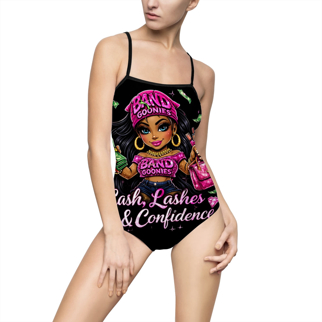 Women's One-piece Swimsuit | Pink Girl Goonie "Cash, Lashes & Confidence"
