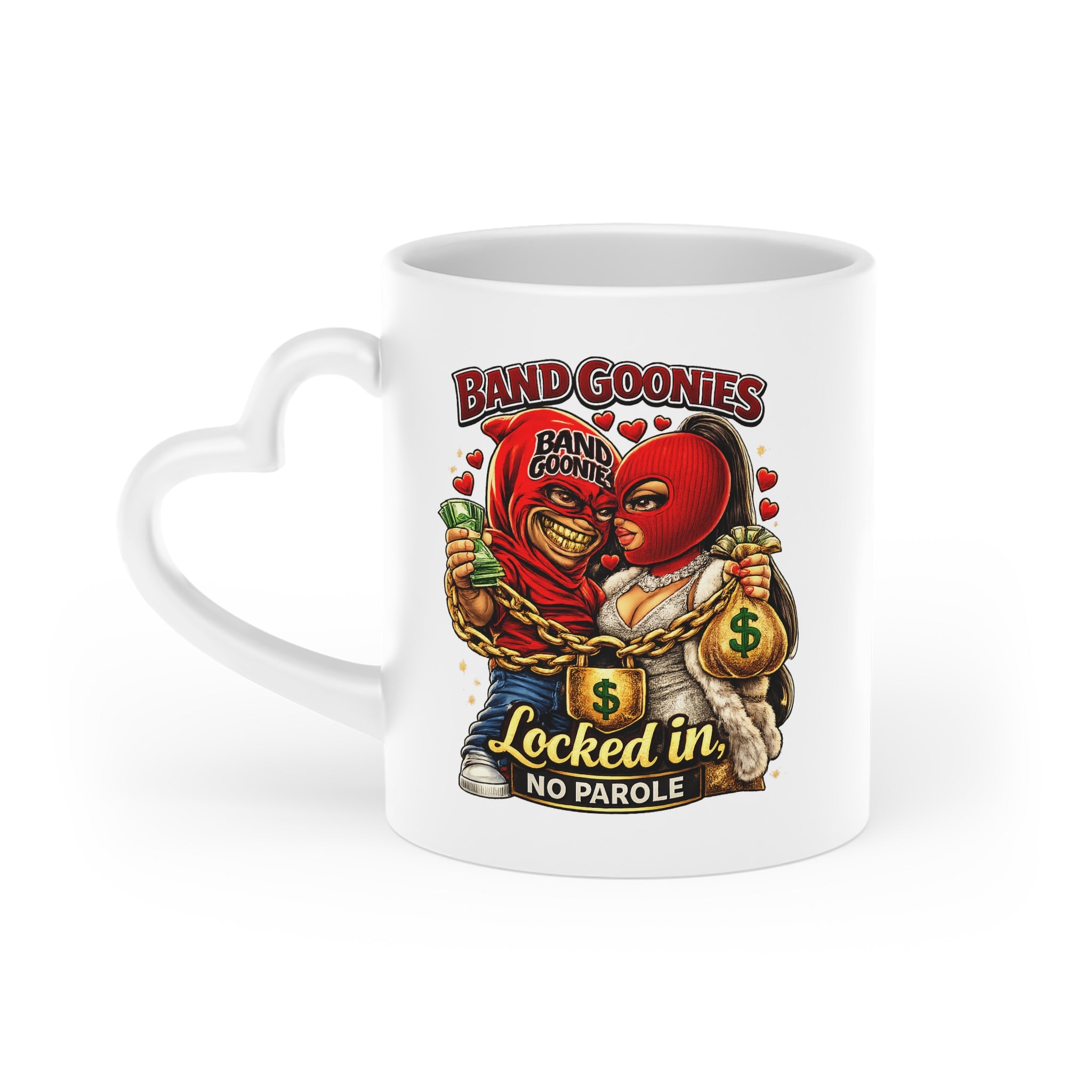 Heart-Shaped Mug (11 oz) | Red Goonie Couple "Locked in, No Parole"