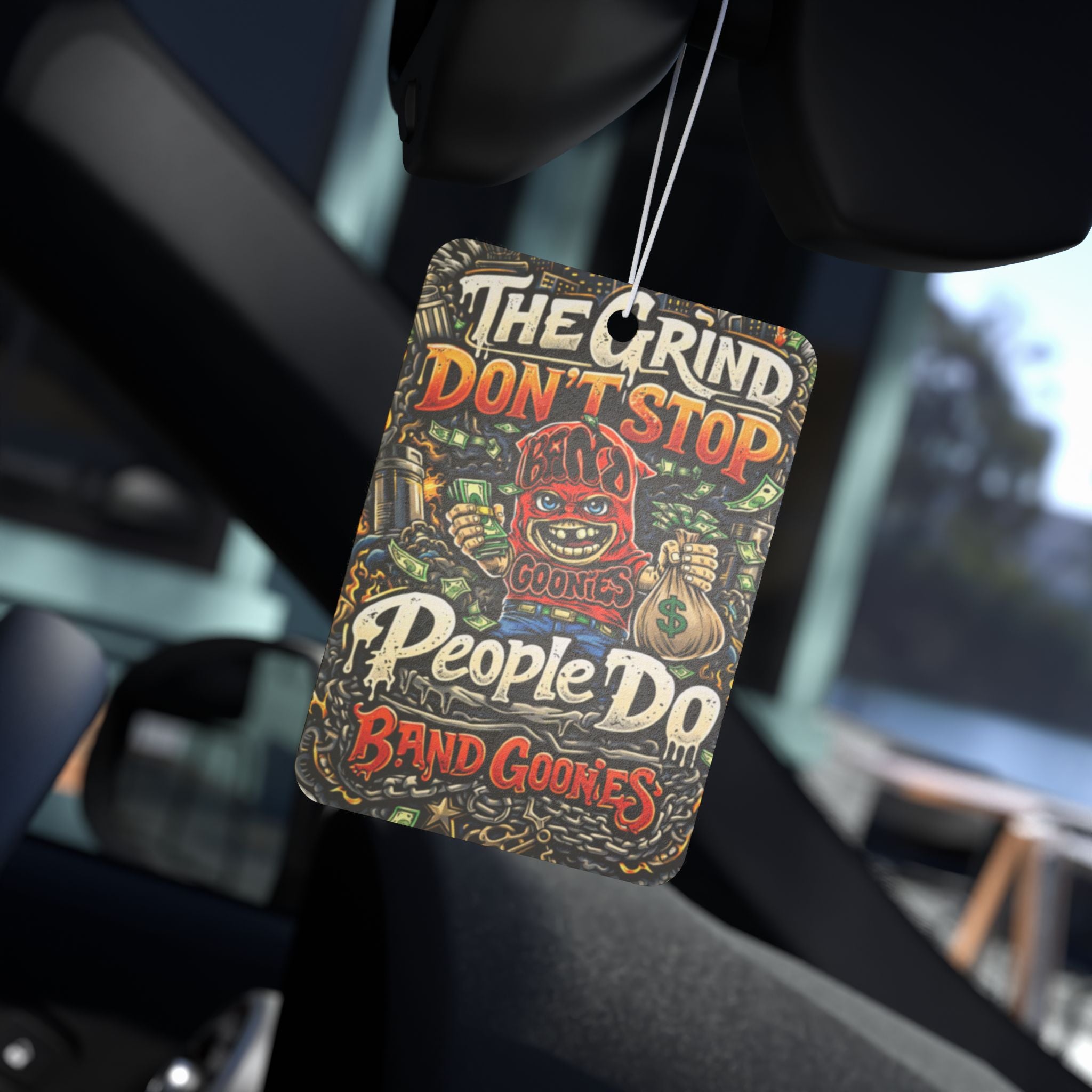 Car Air Freshener | Red Goonie "The Grind Don't Stop, People Do"