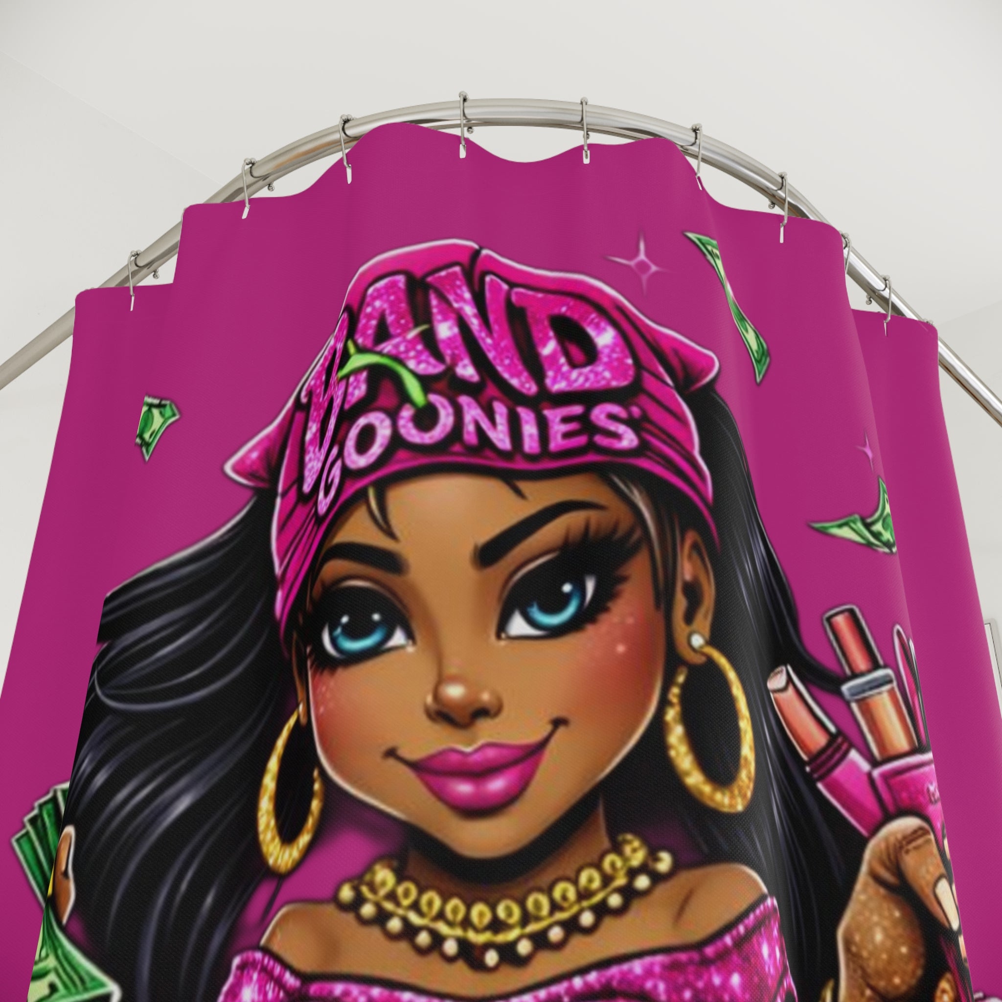 Bathroom Shower Curtain | Pink Girl Goonie "Cash, Lashes & Confidence"