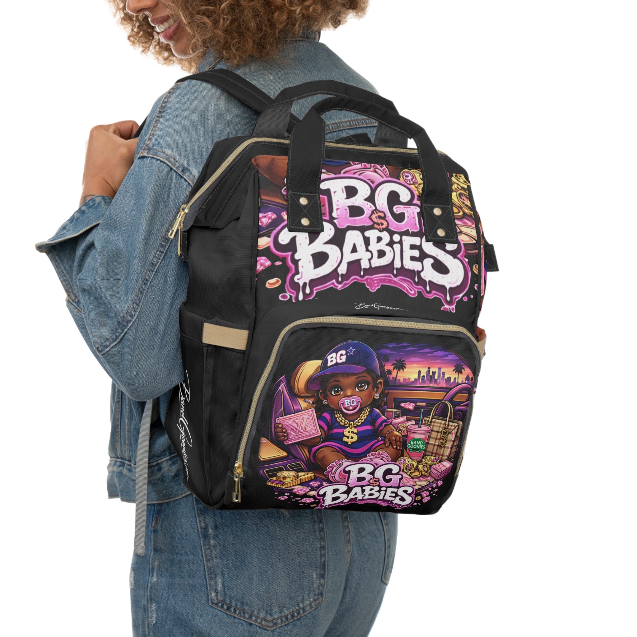 Multifunctional Diaper Backpack (Black) | Pink & Purple BG Babies "Sunroofs & Starbucks"