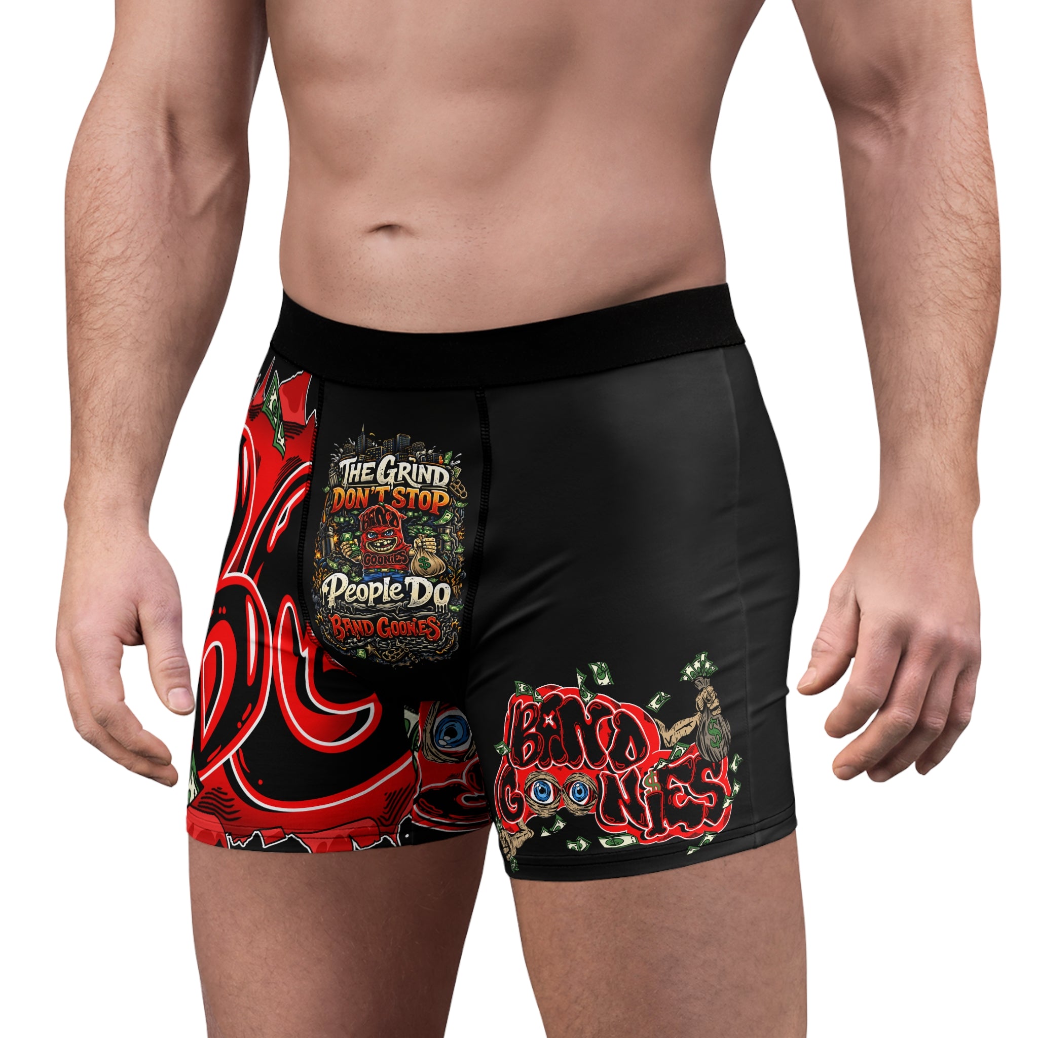 Men's Boxer Briefs (Black) | Red Goonie "The Grind Don't Stop, People Do"