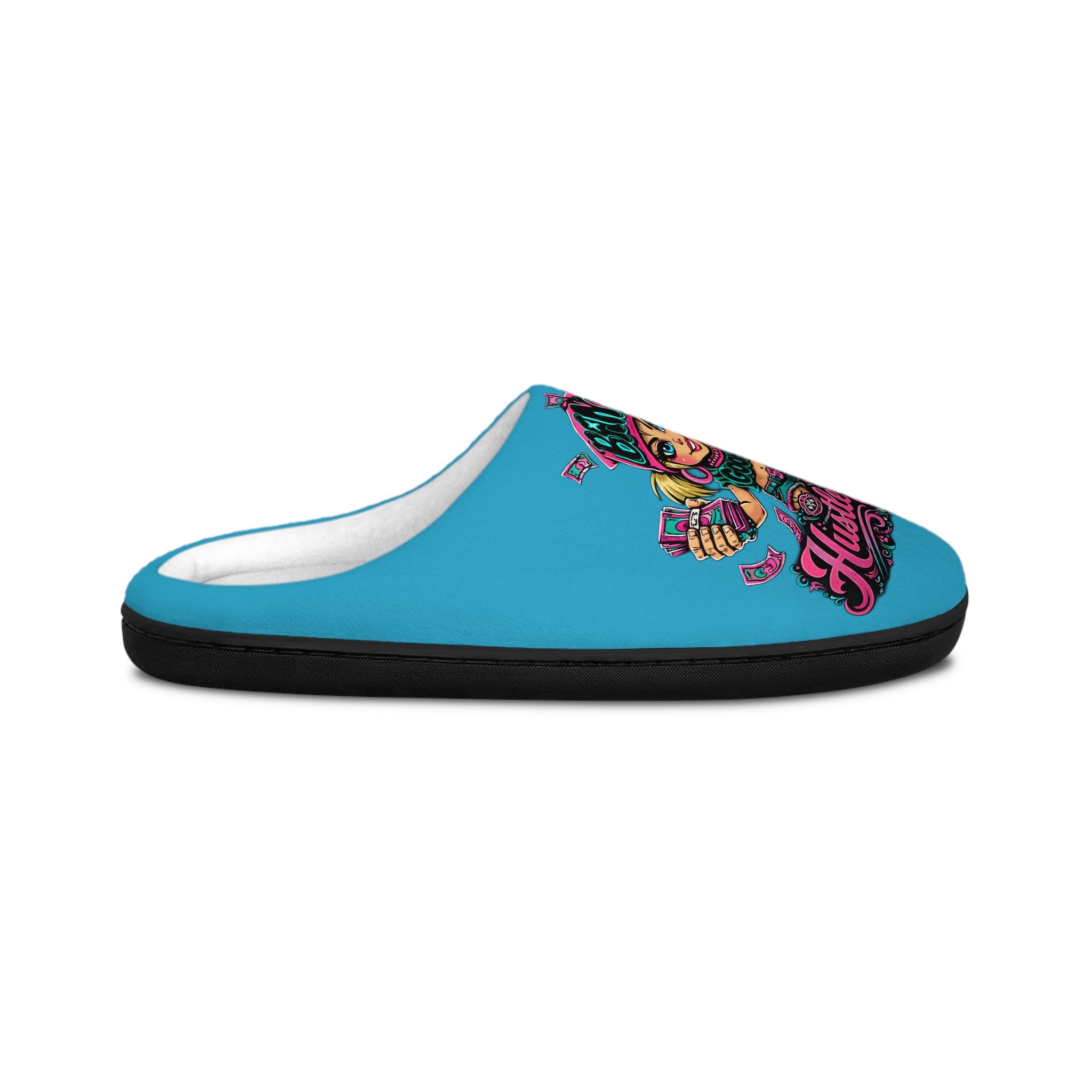 Men's Indoor Slippers | Pink & Teal Girl Goonie "Hustle over Hype"