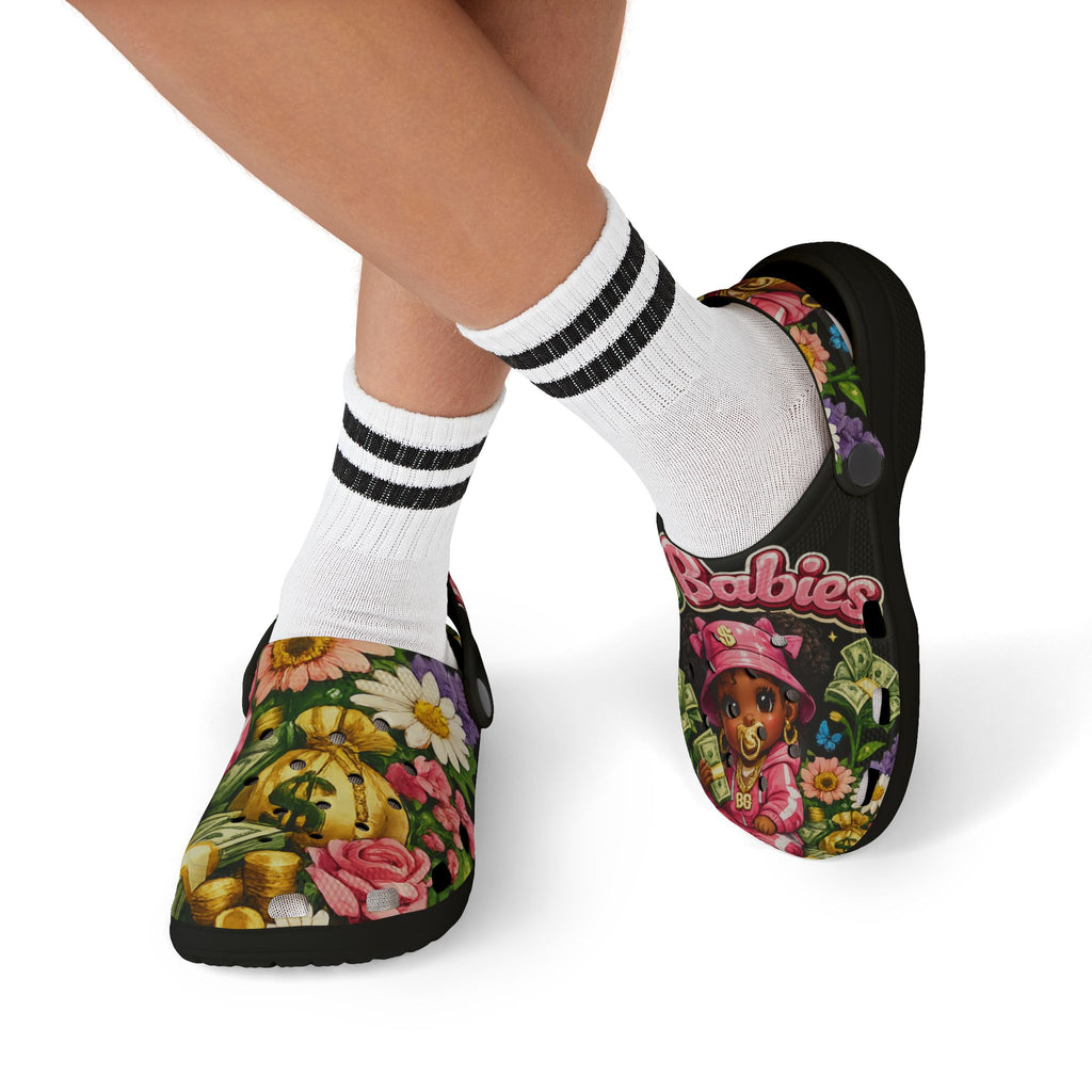 Kid's Foam Clogs (Black) | Pink BG Babies "Flowers & Funds"
