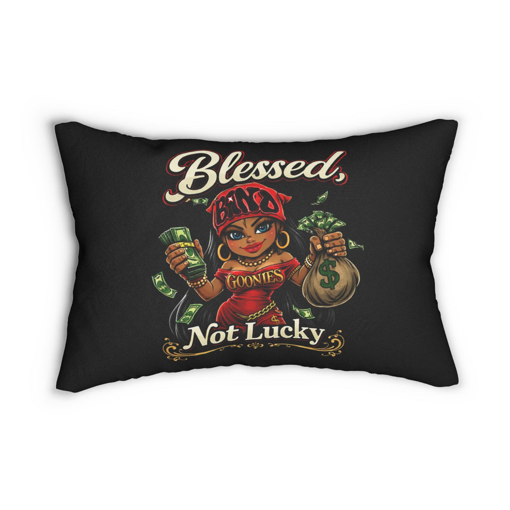 Polyester Pillow | Red Girl Goonie "Blessed, Not Lucky"