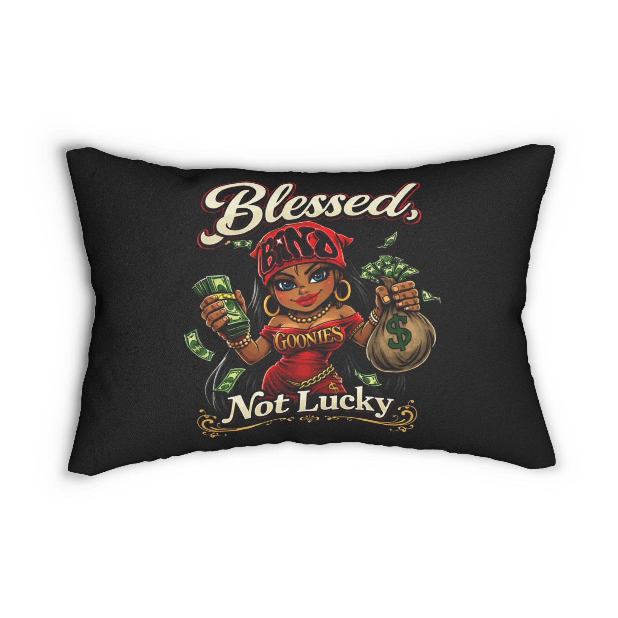 Polyester Pillow | Red Girl Goonie "Blessed, Not Lucky"