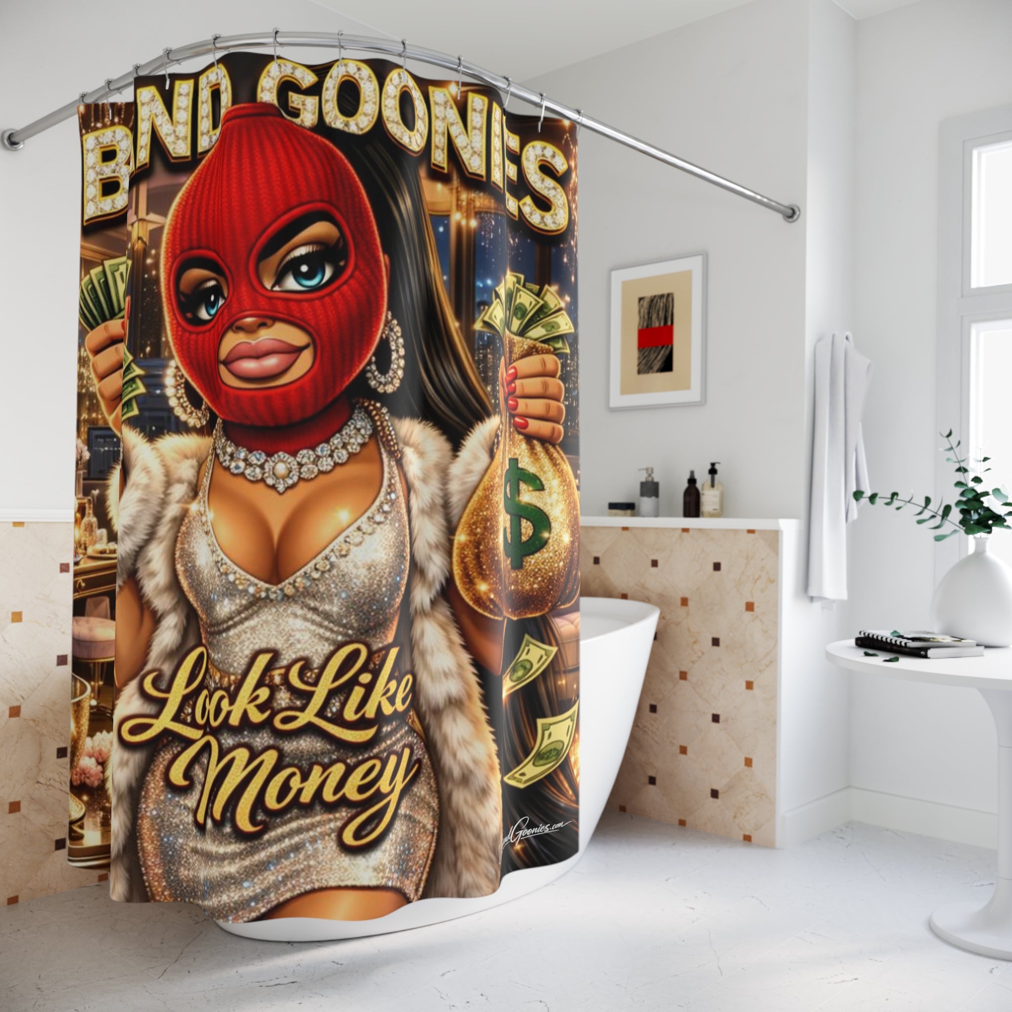 Bathroom Shower Curtain | Red Girl Goonie "Looks Like Money"