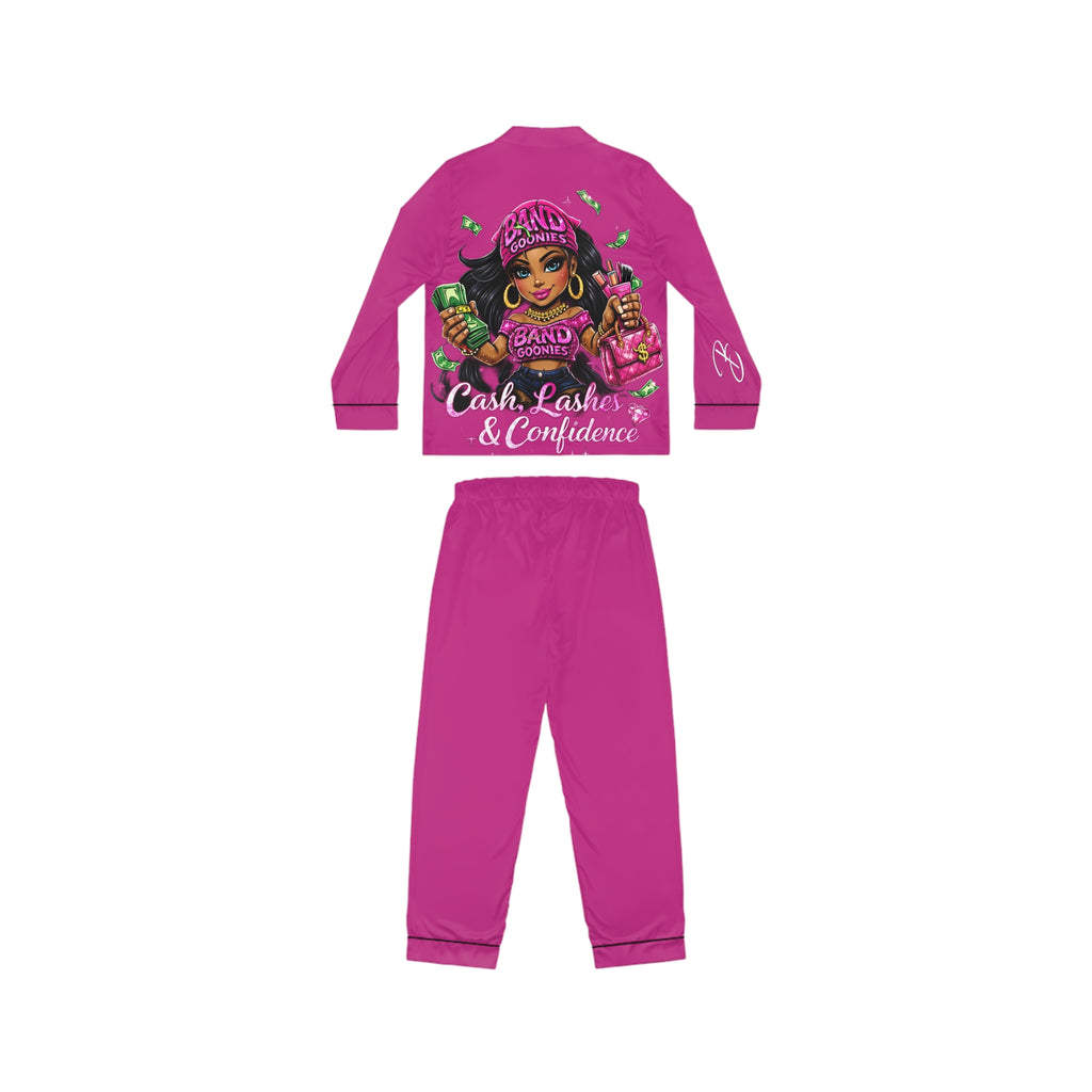 Women's Satin Pajamas | Pink Girl Goonie " Cash, Lashes & Confidence"