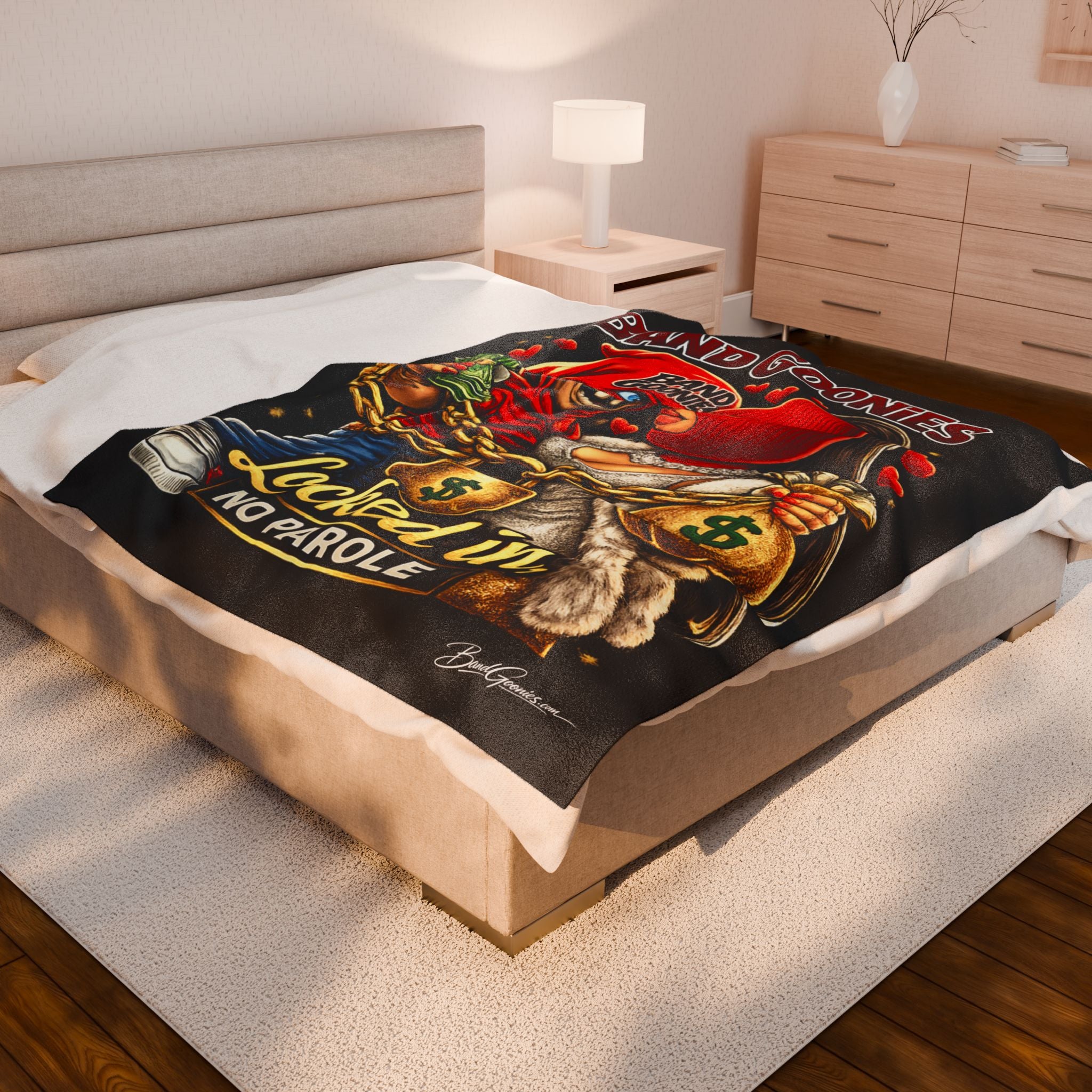 Love Velveteen Plush Blanket (Black) | Red Goonies Couple "Locked in, No Parole" (60" x 80")