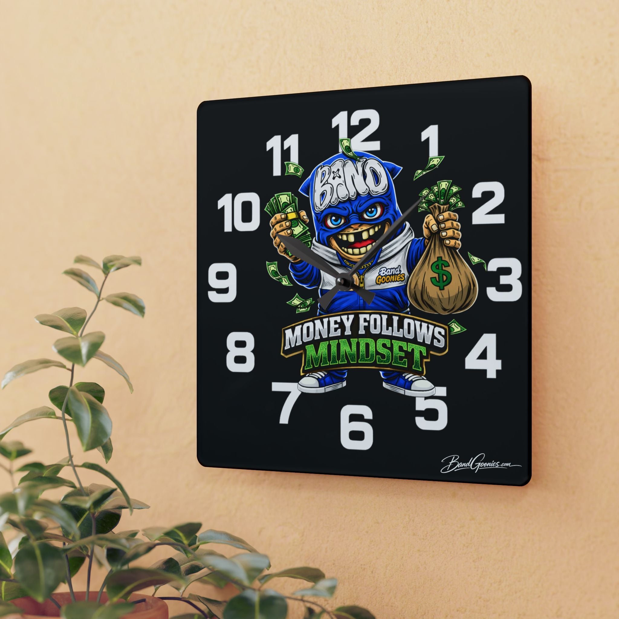 Acrylic Wall Clock | Blue Goonie "Money Follows Mindset"