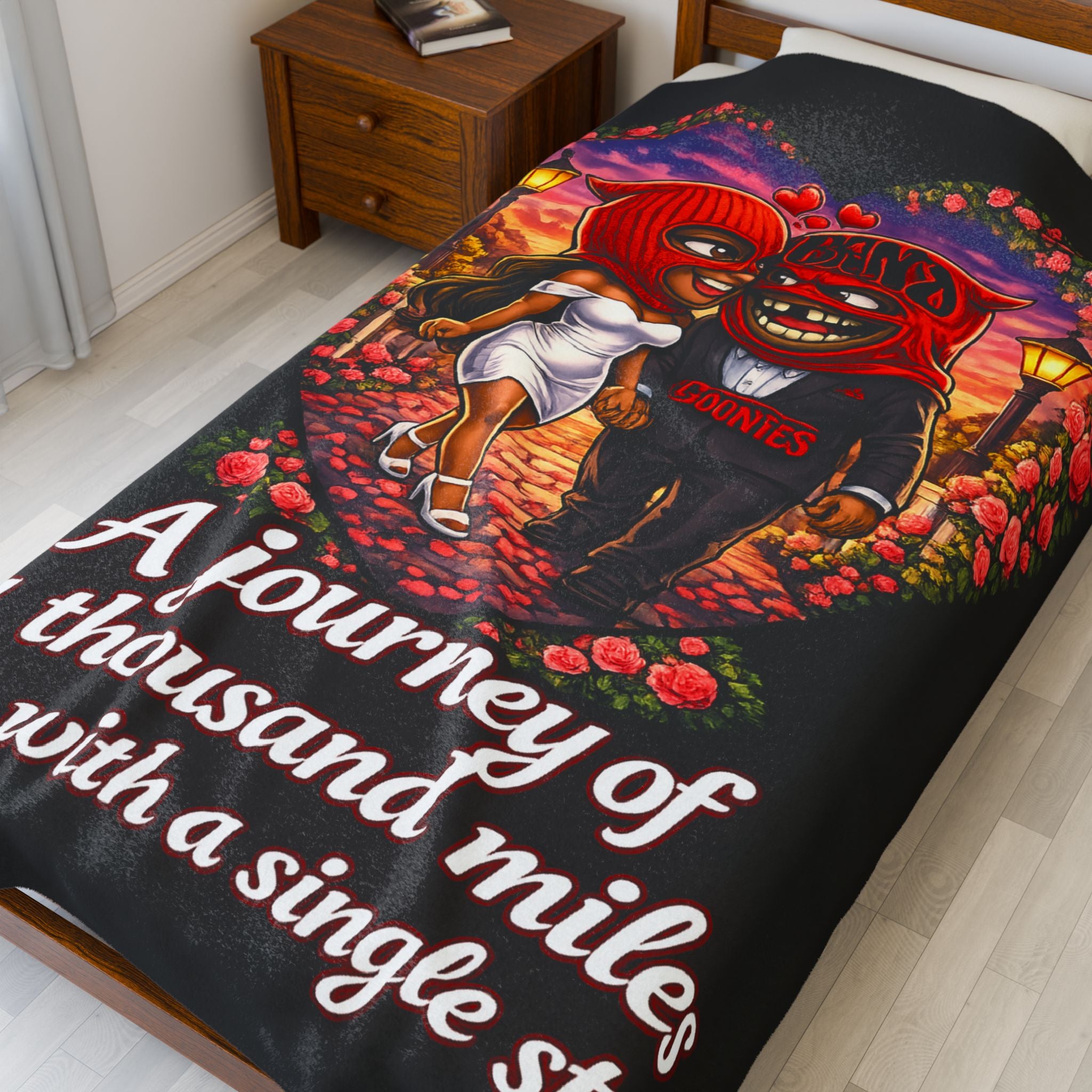 Velveteen Plush Blanket (Black) | Red Goonie Couple "A Journey of a Thousand Miles Begins with a Single Step" (60" x 80")