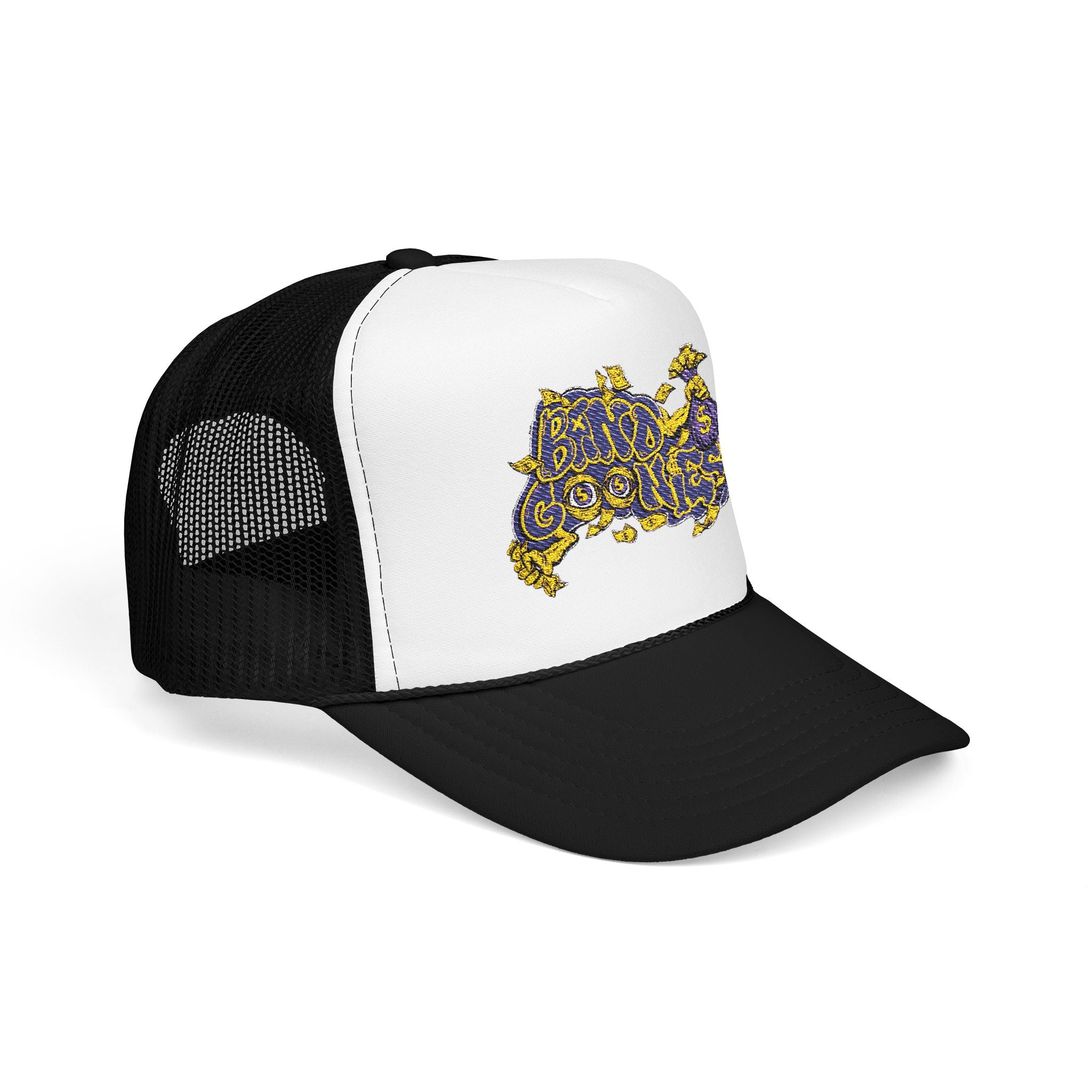 Purple & Yellow Band Goonies Foam Trucker Hat (Embroidery)