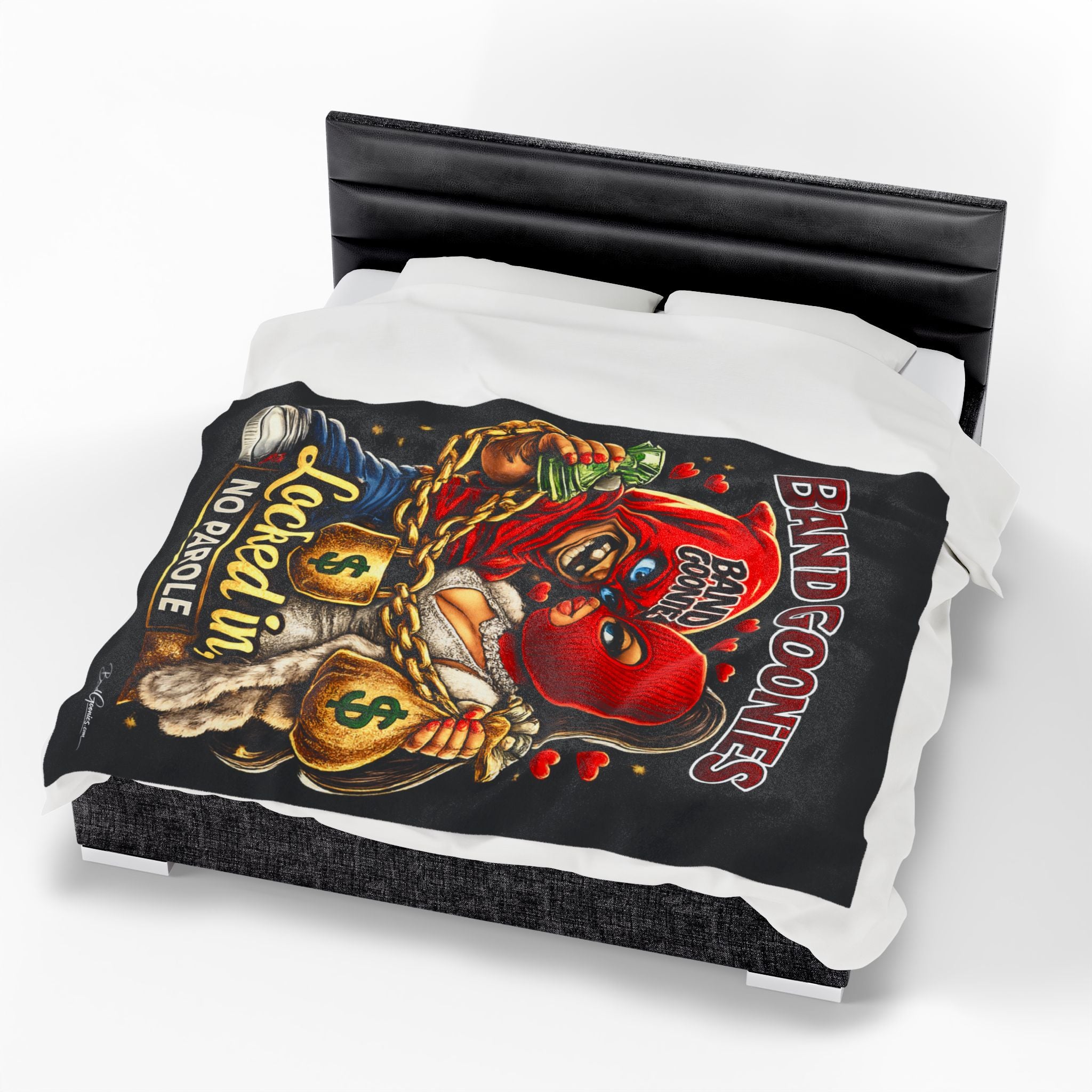 Love Velveteen Plush Blanket (Black) | Red Goonies Couple "Locked in, No Parole" (60" x 80")