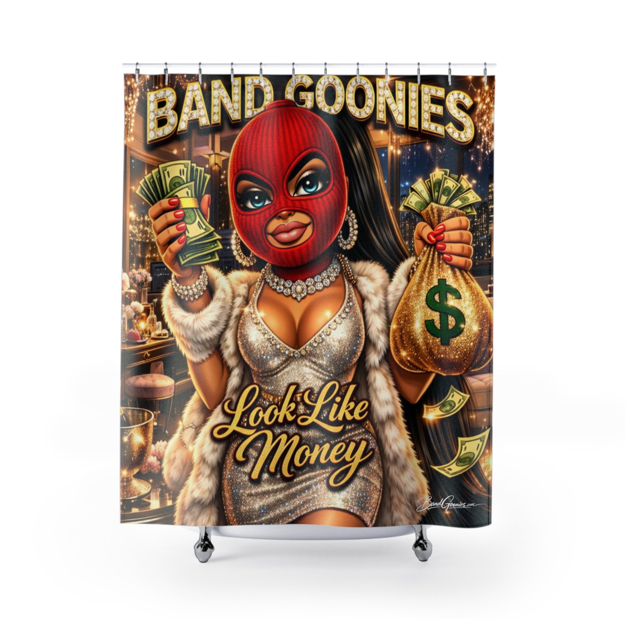Bathroom Shower Curtain | Red Girl Goonie "Looks Like Money"