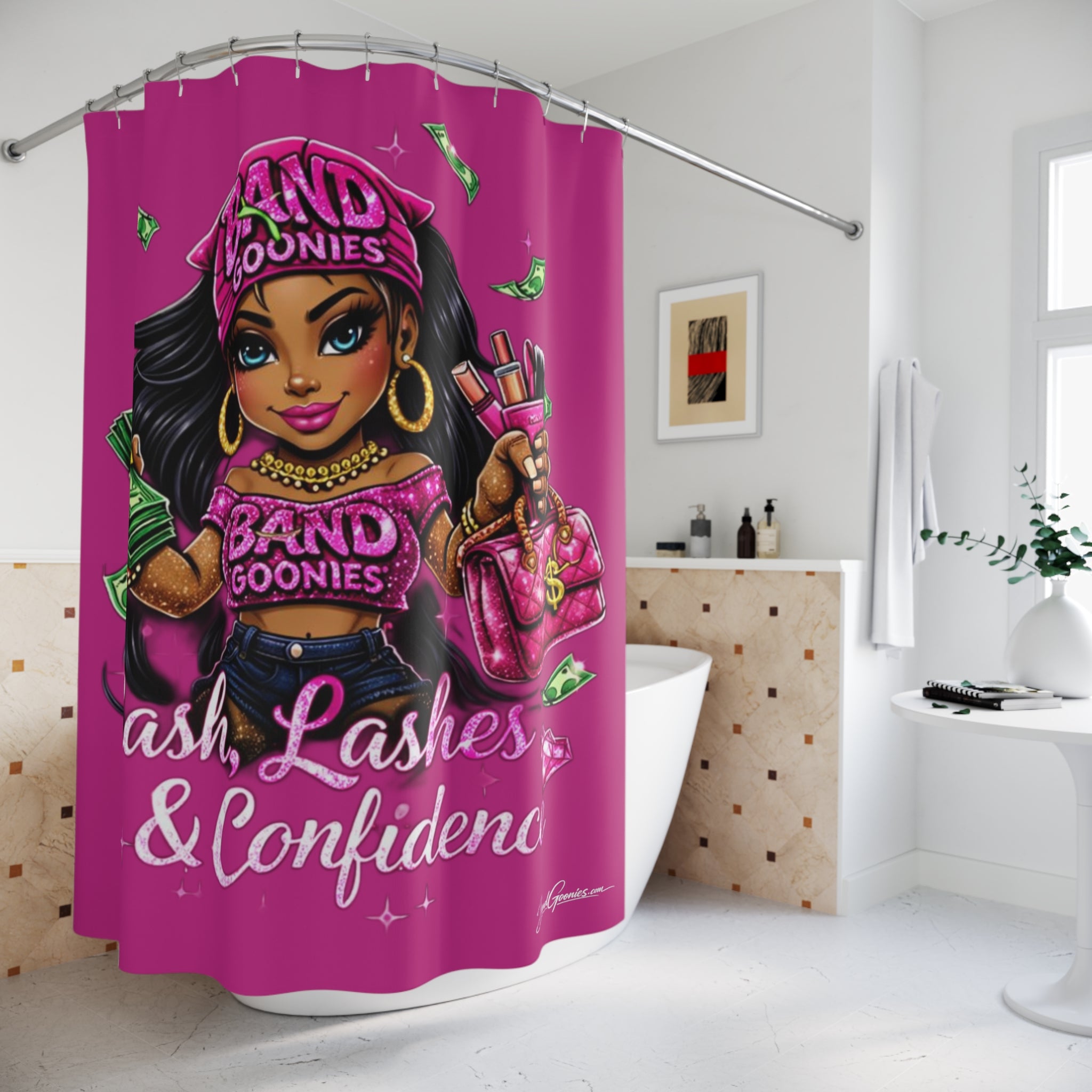 Bathroom Shower Curtain | Pink Girl Goonie "Cash, Lashes & Confidence"