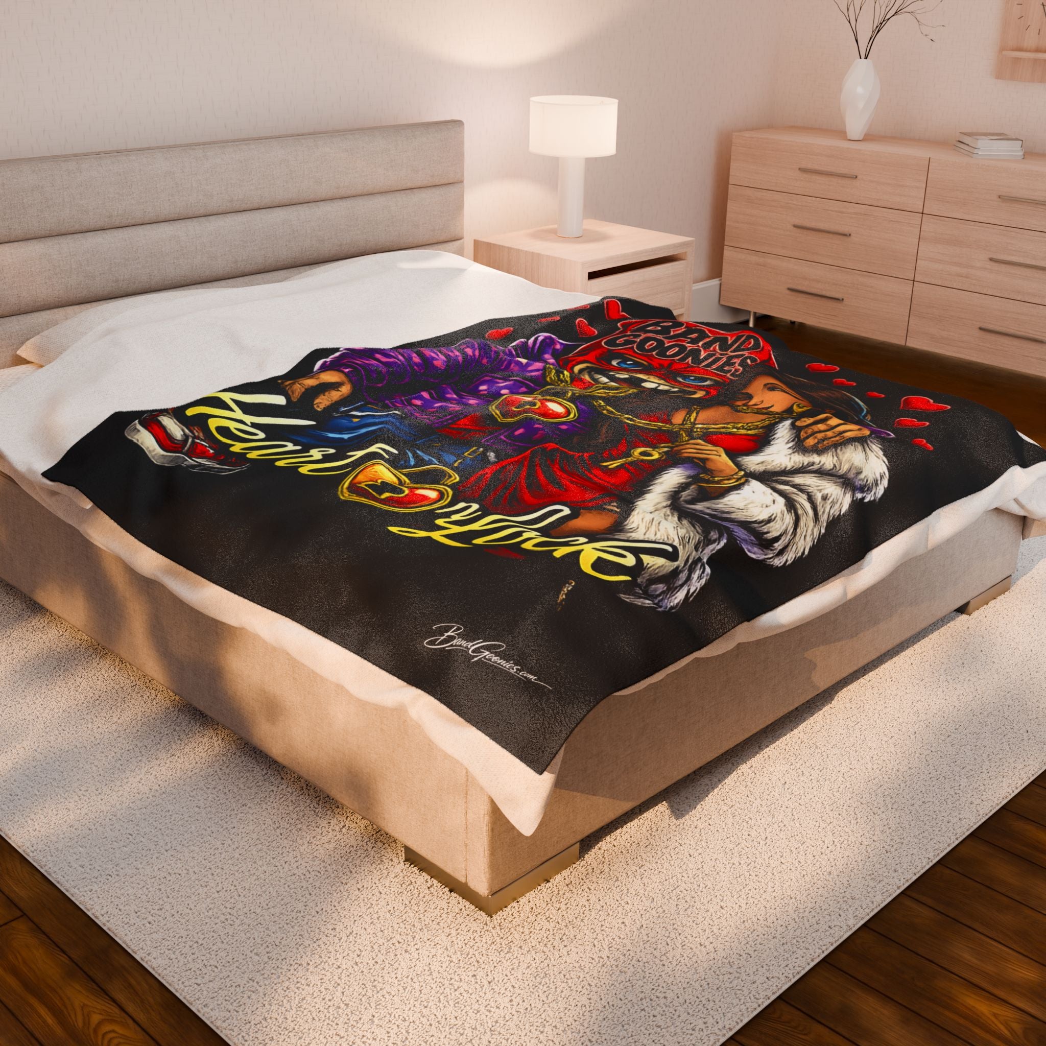 Love Velveteen Plush Blanket (Black) | Red Goonie Couple "Heart on Lock"