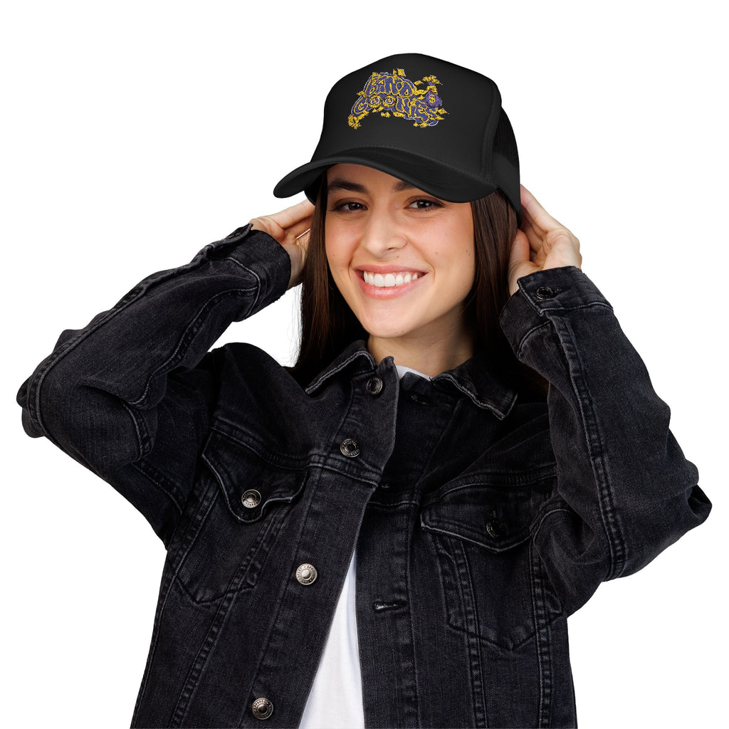 Purple & Yellow Band Goonies Foam Trucker Hat (Embroidery)