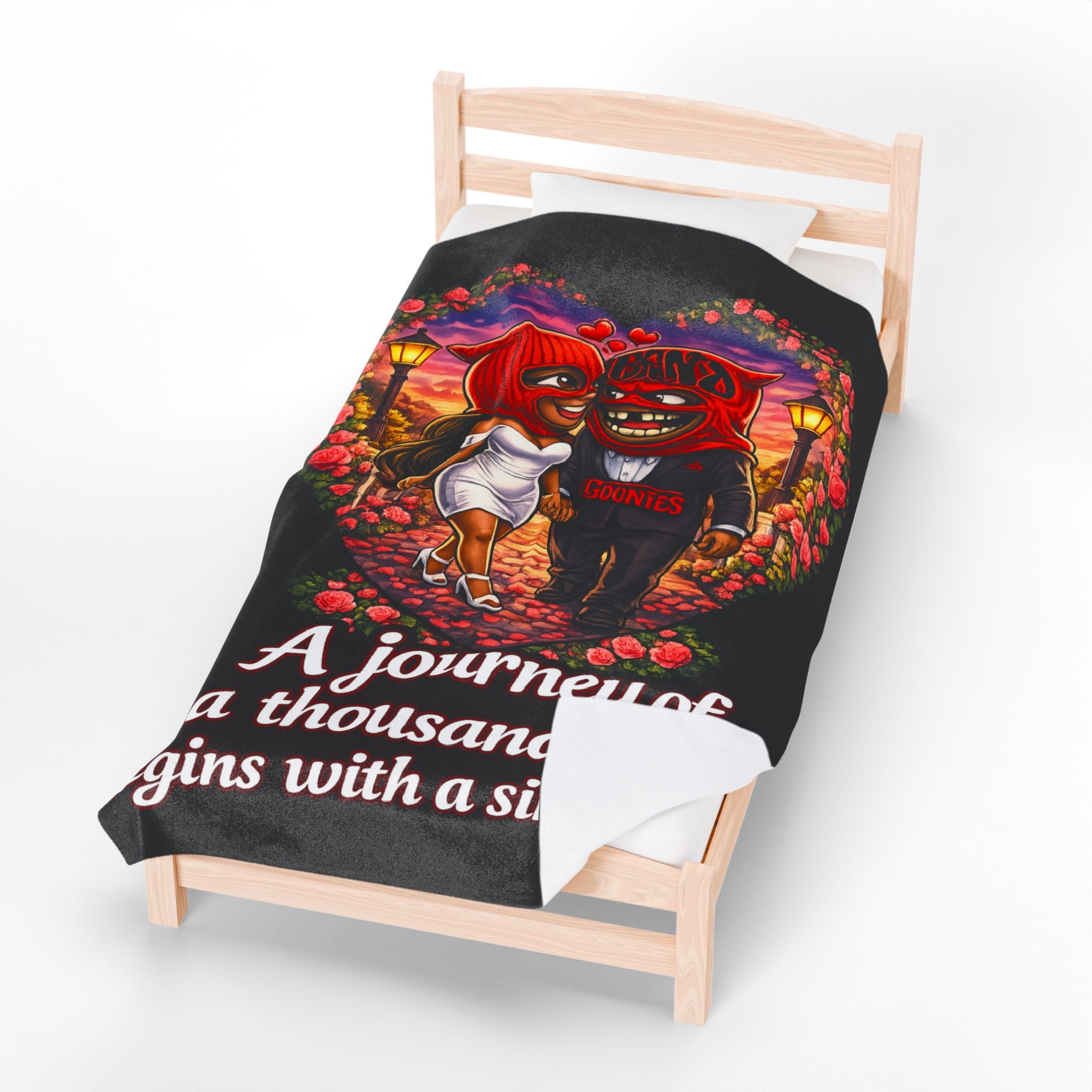 Velveteen Plush Blanket (Black) | Red Goonie Couple "A Journey of a Thousand Miles Begins with a Single Step" (60" x 80")