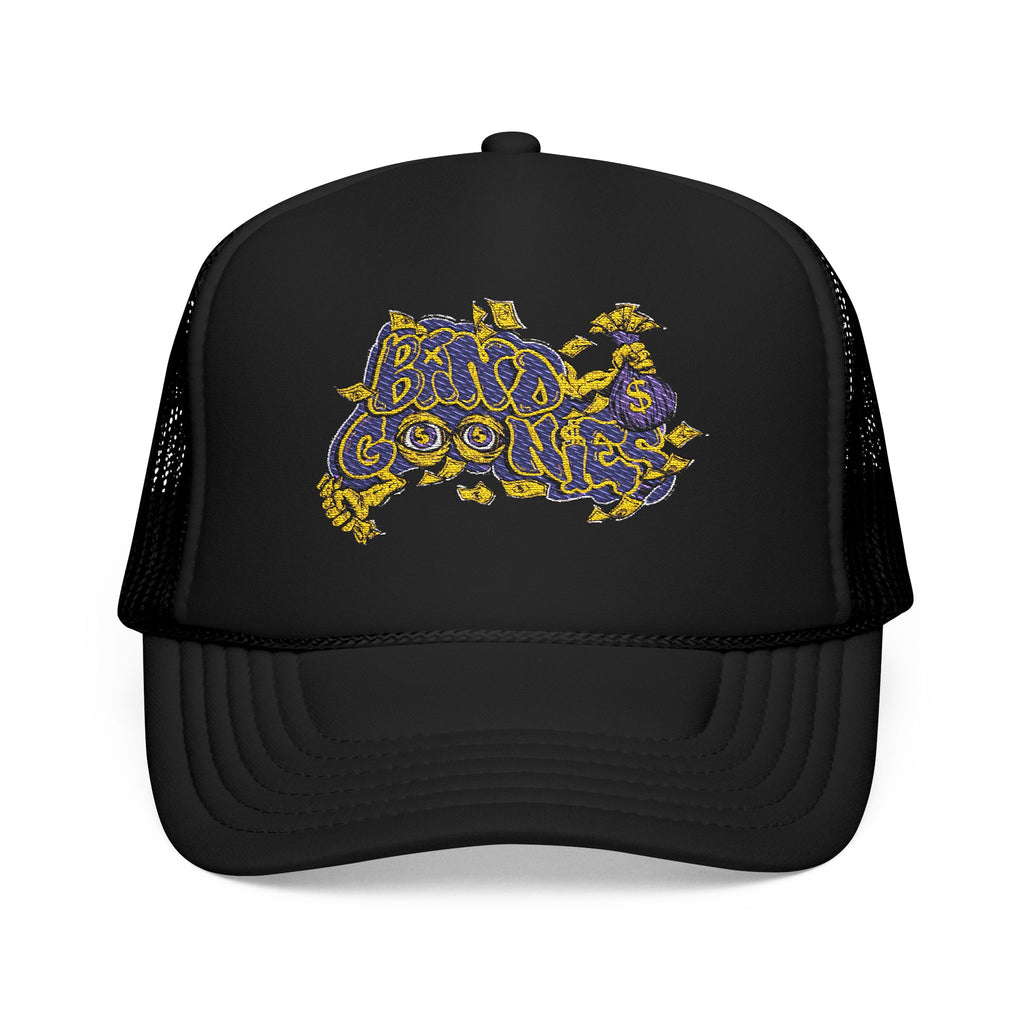 Purple & Yellow Band Goonies Foam Trucker Hat (Embroidery)
