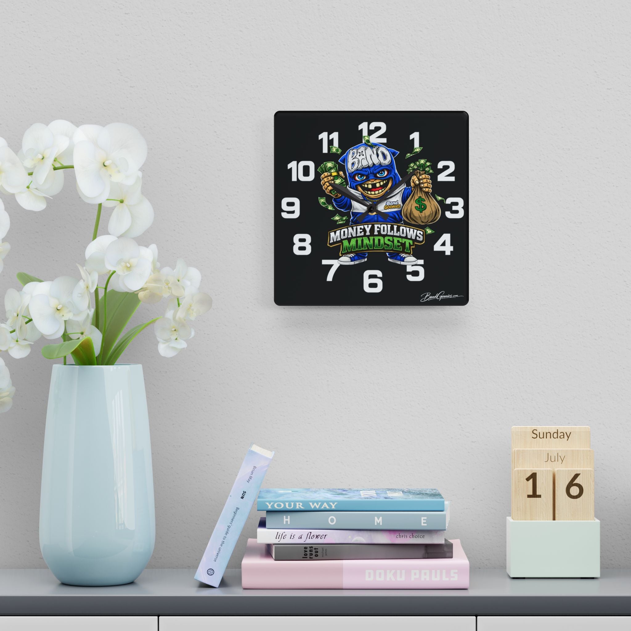 Acrylic Wall Clock | Blue Goonie "Money Follows Mindset"