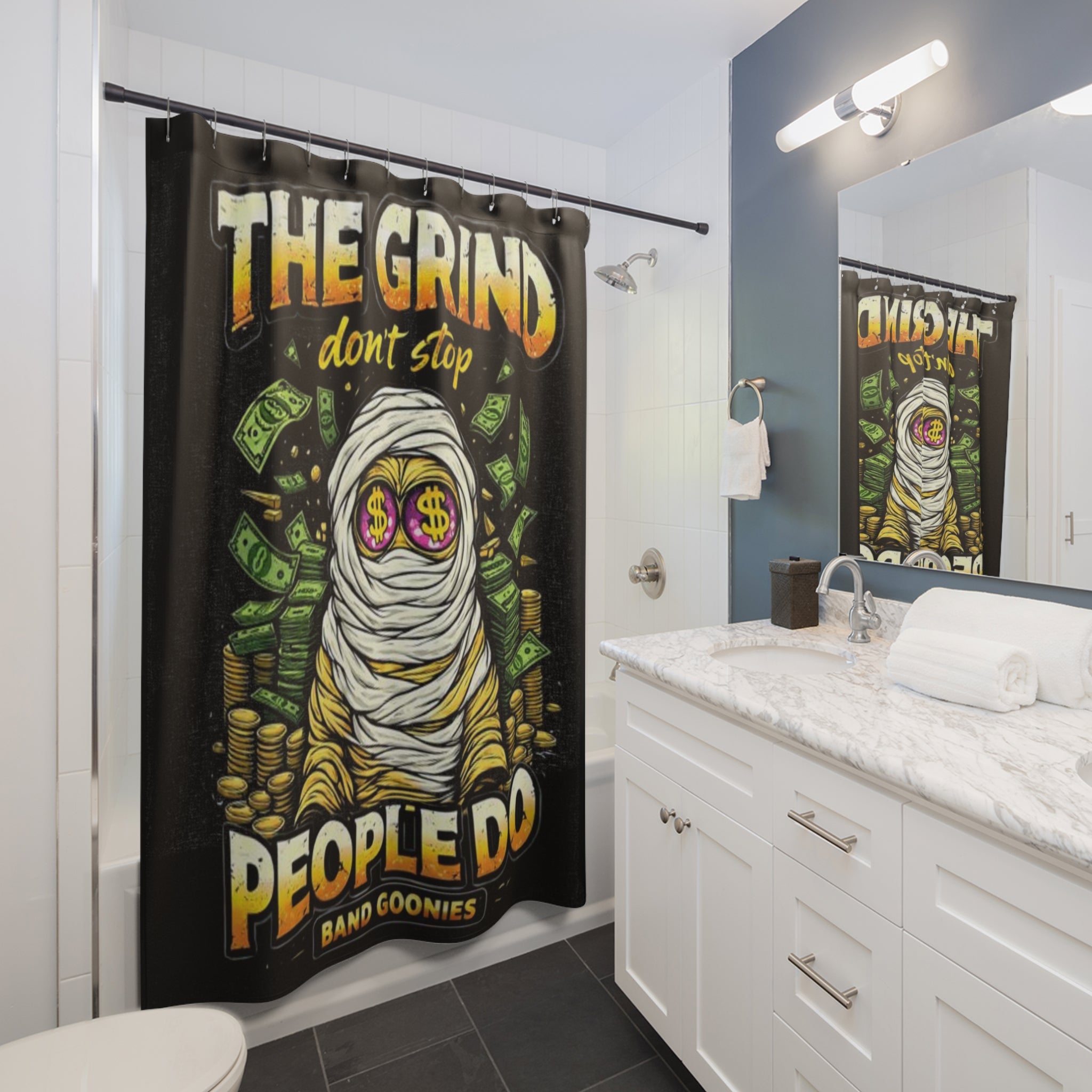 Bathroom Shower Curtains | OG Goonie "The Grind Don't Stop, People Do"