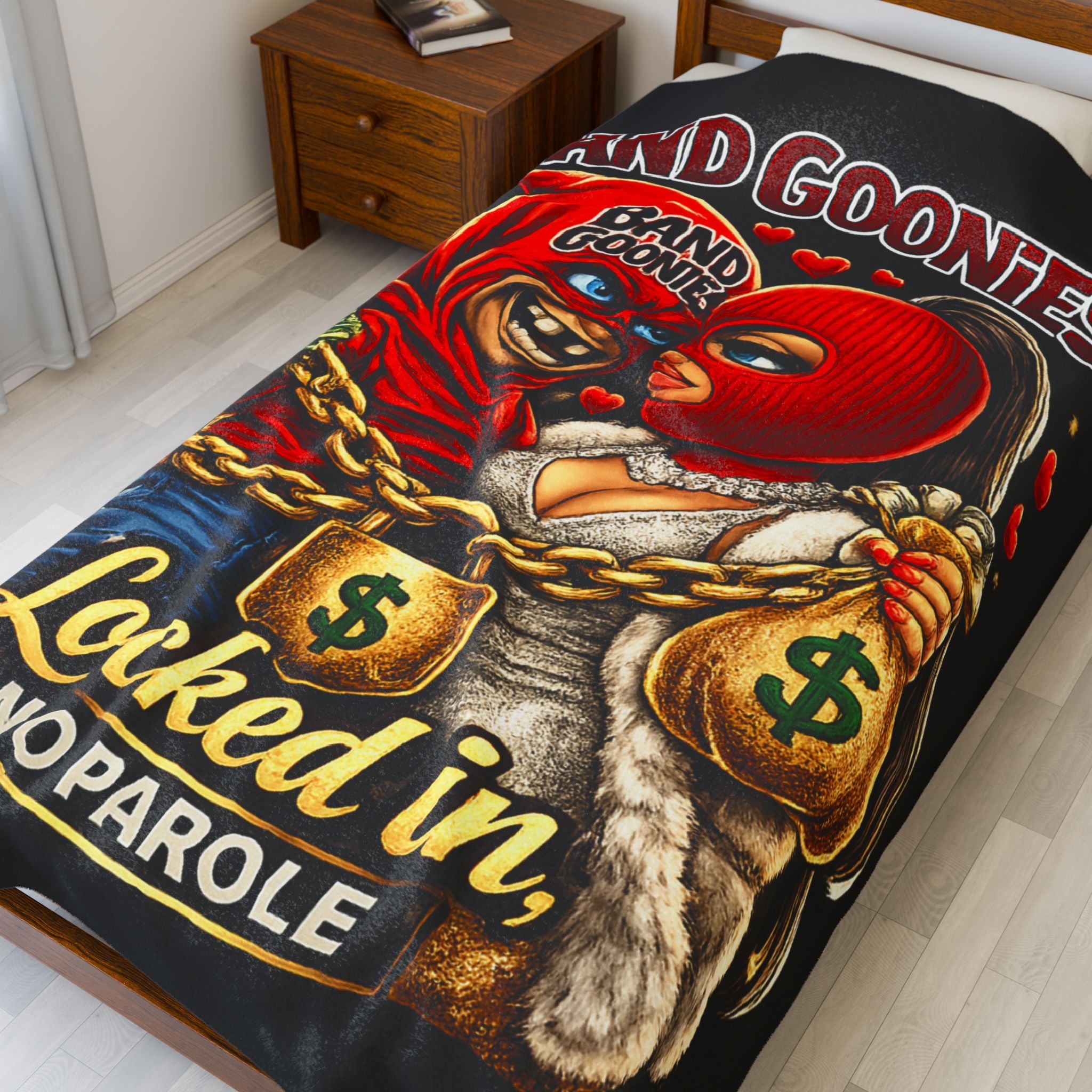 Love Velveteen Plush Blanket (Black) | Red Goonies Couple "Locked in, No Parole" (60" x 80")