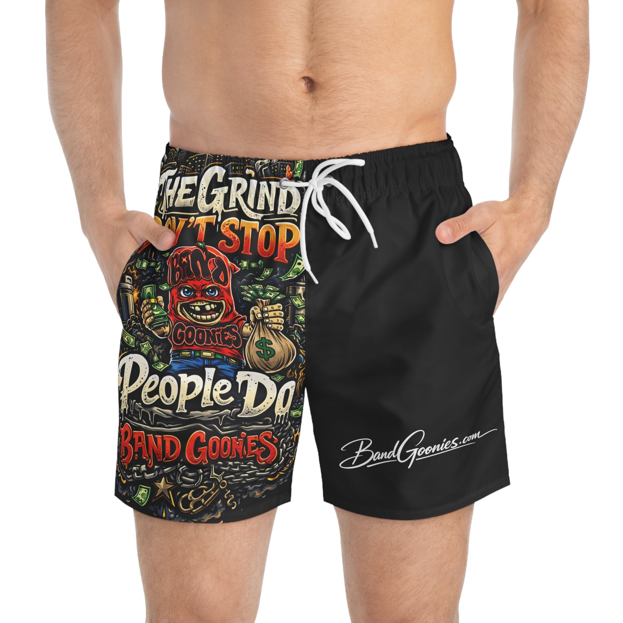 Swim Trunks | Red Goonie "The Grind Don't Stop, People Do"