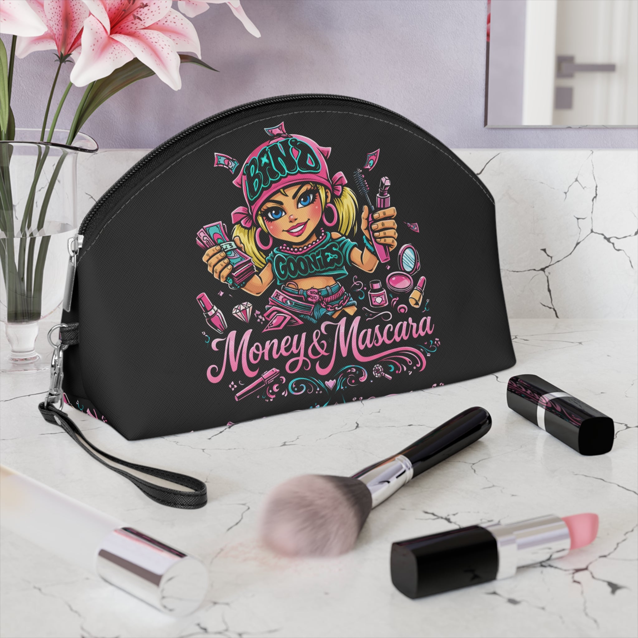 Makeup Bag | Pink & Teal Girl Goonie "Money & Mascara"