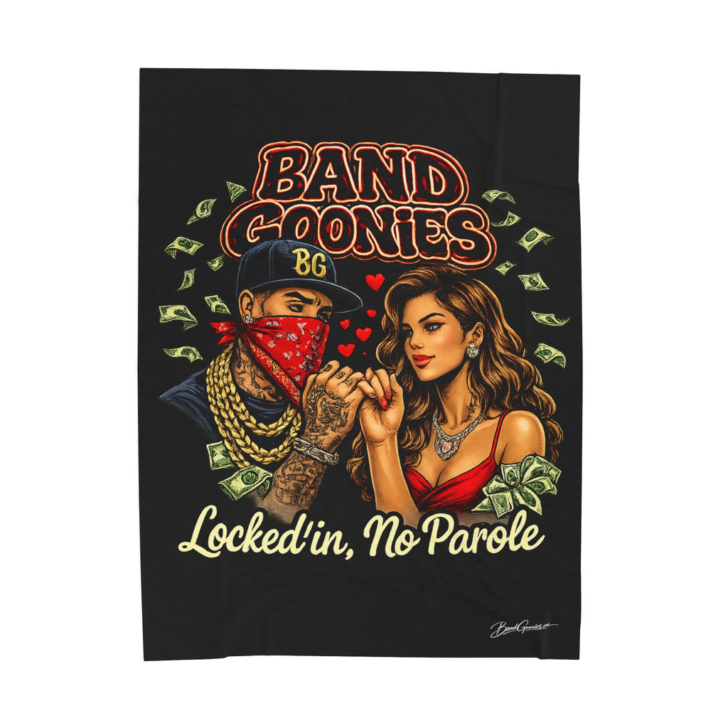Love Velveteen Plush Blanket (Black) | Bandana Goonie Couple "Locked in, No Parole"