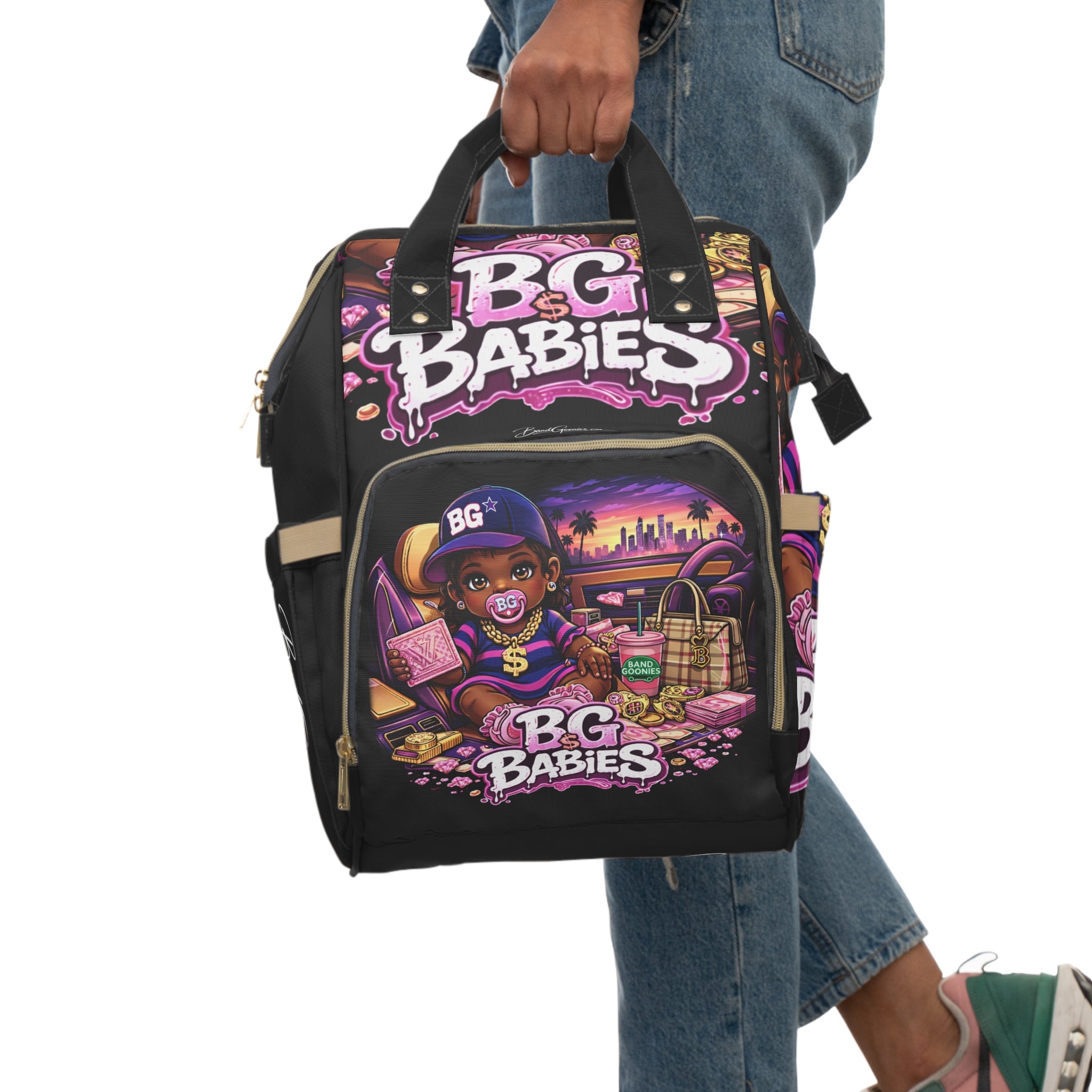 Multifunctional Diaper Backpack (Black) | Pink & Purple BG Babies "Sunroofs & Starbucks"