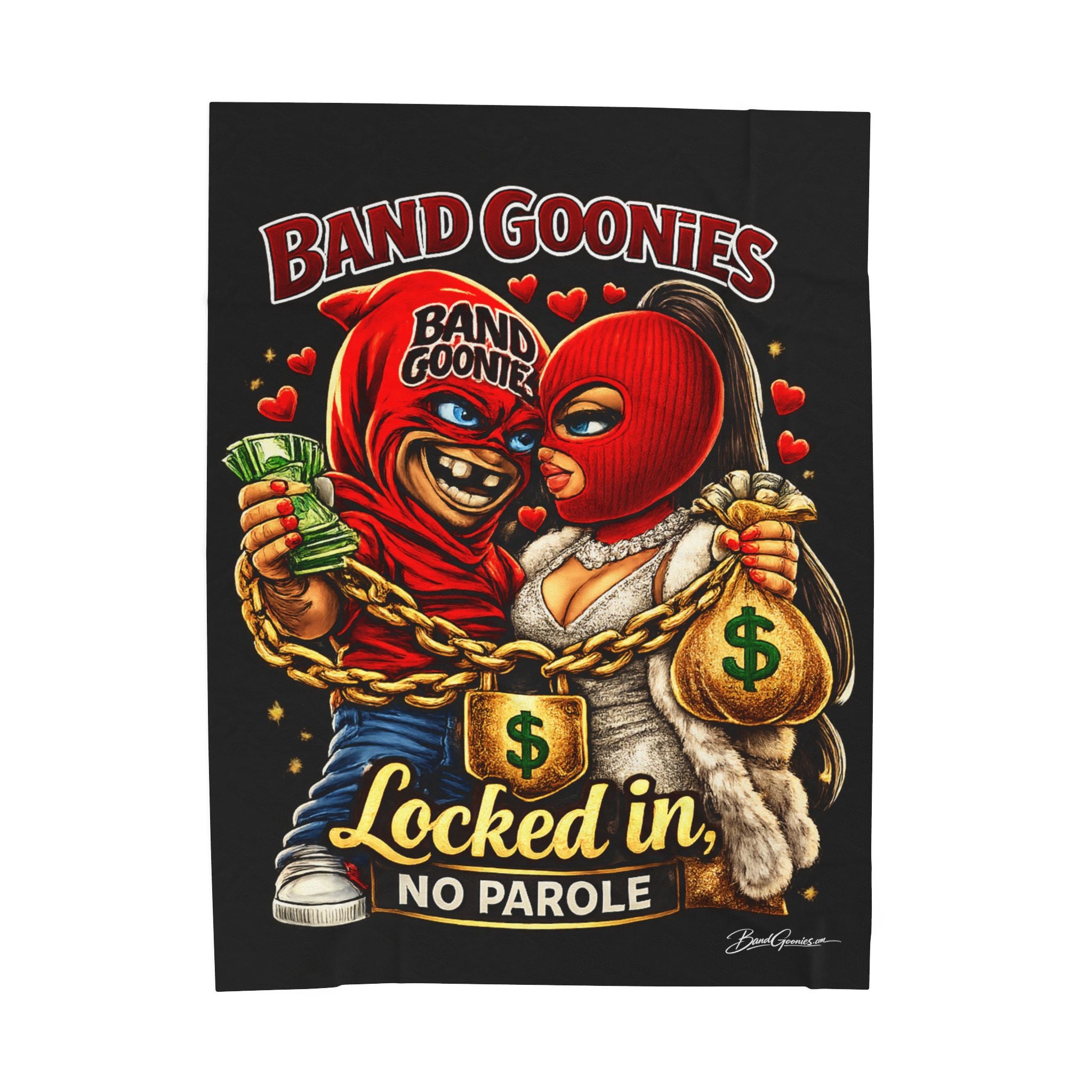 Love Velveteen Plush Blanket (Black) | Red Goonies Couple "Locked in, No Parole" (60" x 80")