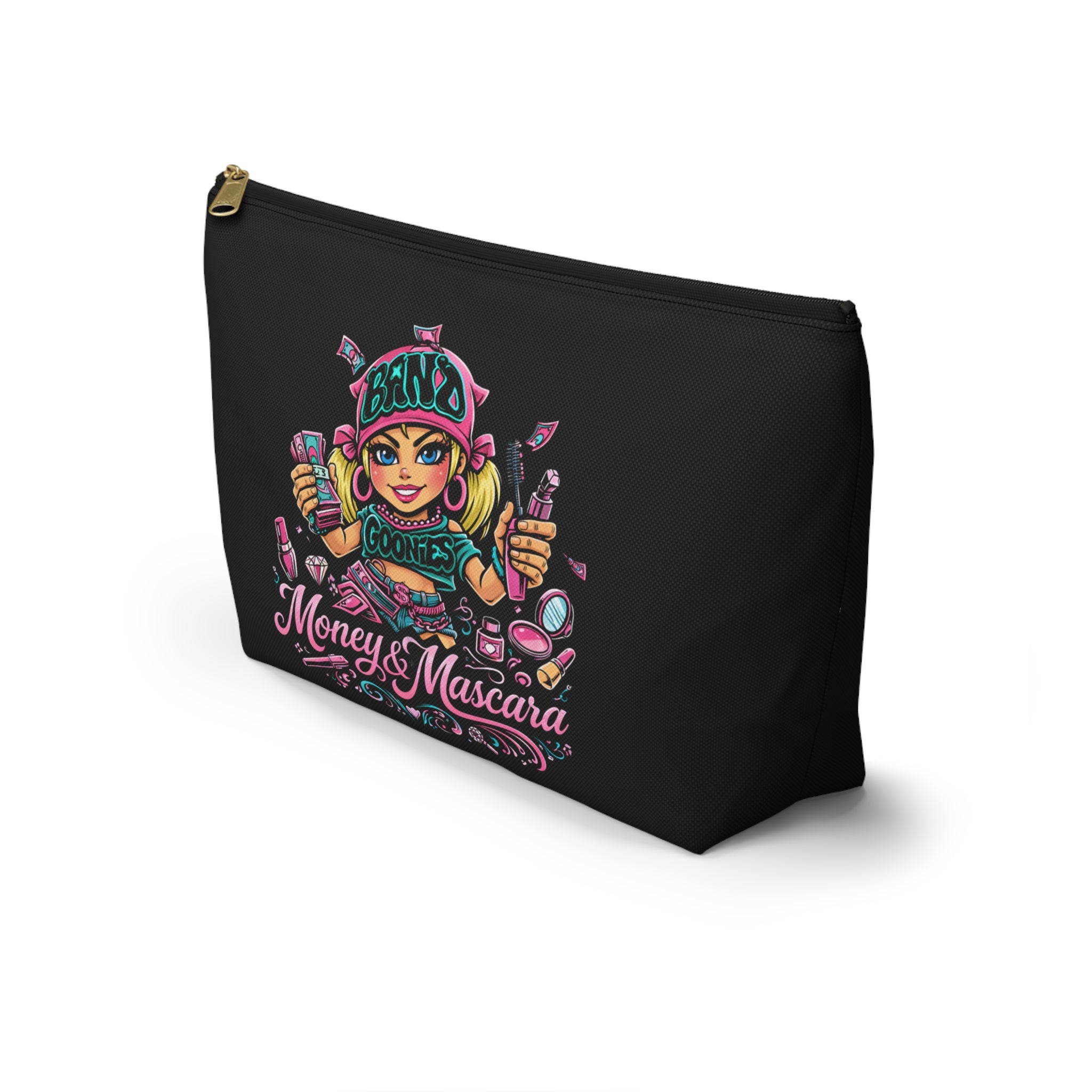 Accessory Pouch w T-bottom | Pink Girl Goonie "Money & Mascara"