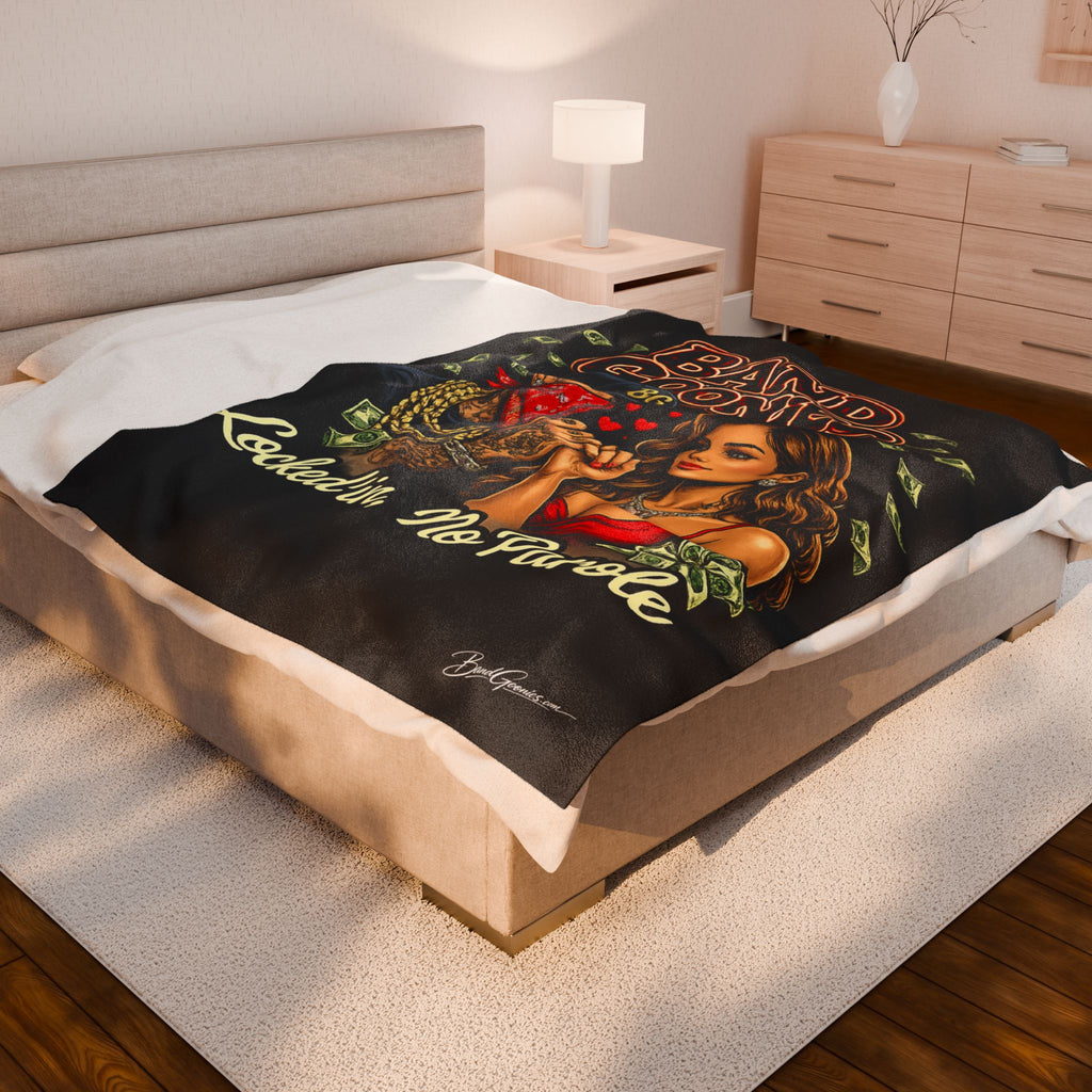 Love Velveteen Plush Blanket (Black) | Bandana Goonie Couple "Locked in, No Parole"