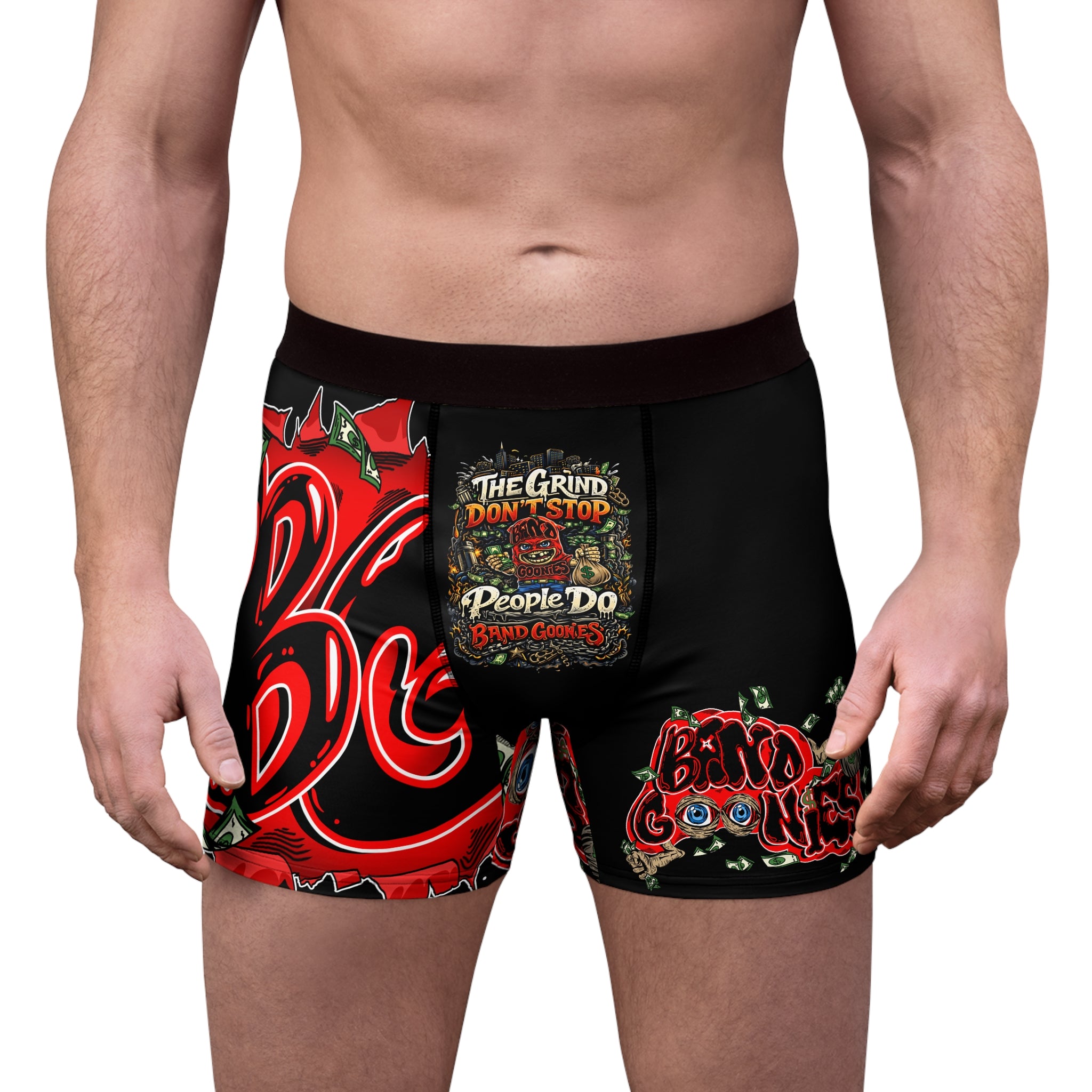 Men's Boxer Briefs (Black) | Red Goonie "The Grind Don't Stop, People Do"