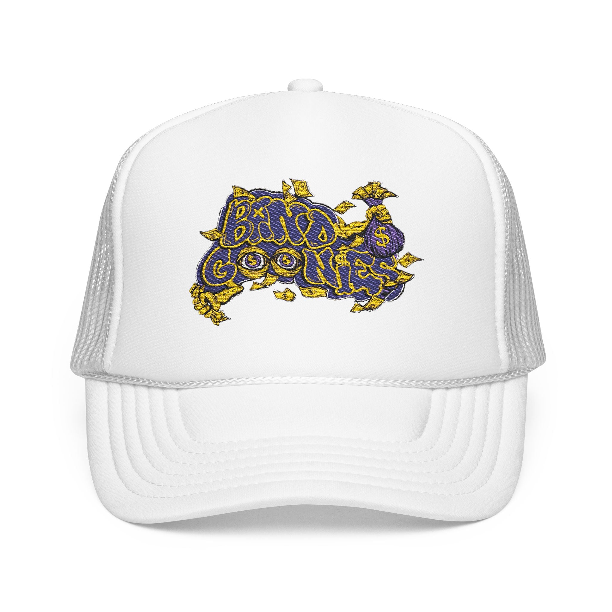 Purple & Yellow Band Goonies Foam Trucker Hat (Embroidery)