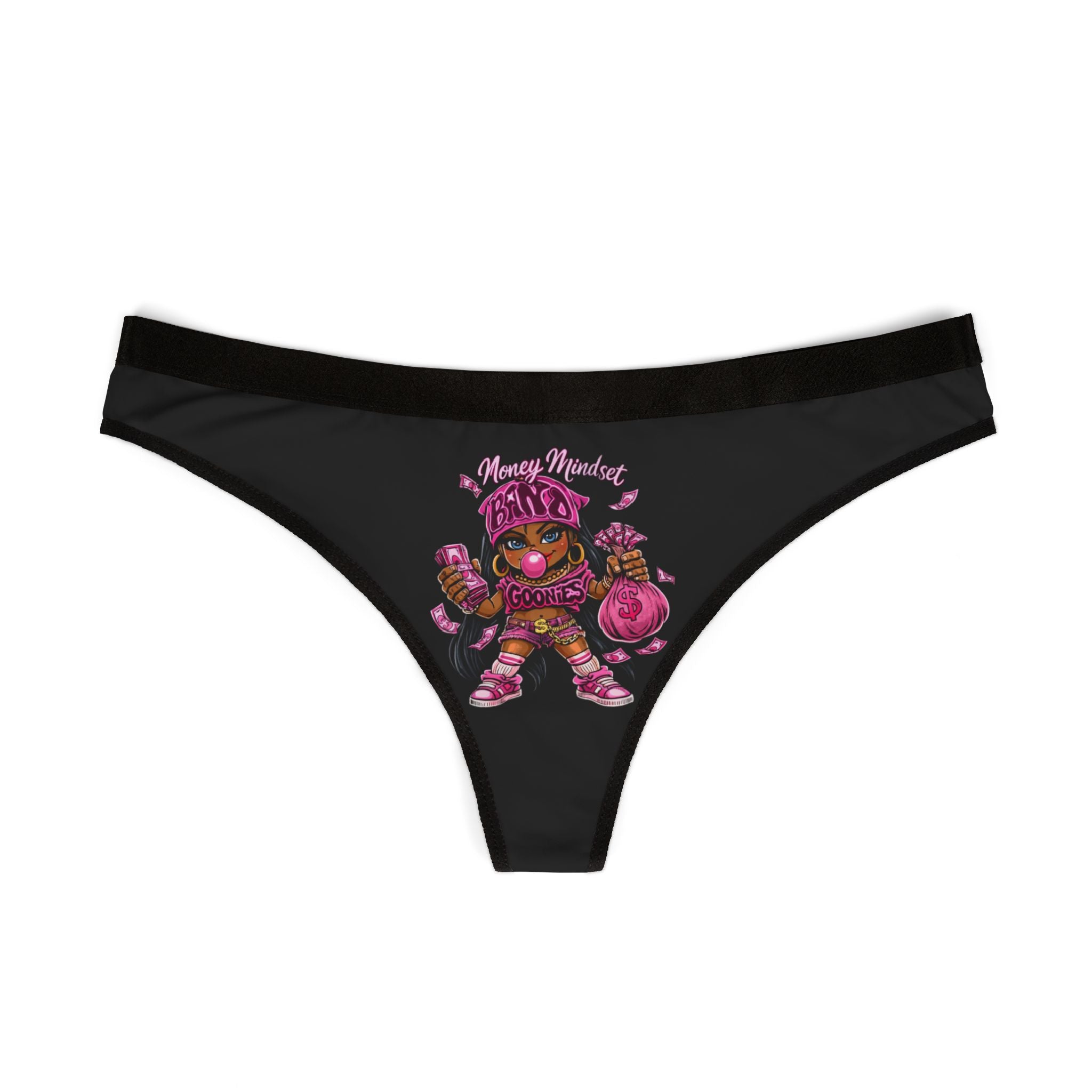 Women's Thongs (Black) | Pink Girl Goonie "Money Mindset"