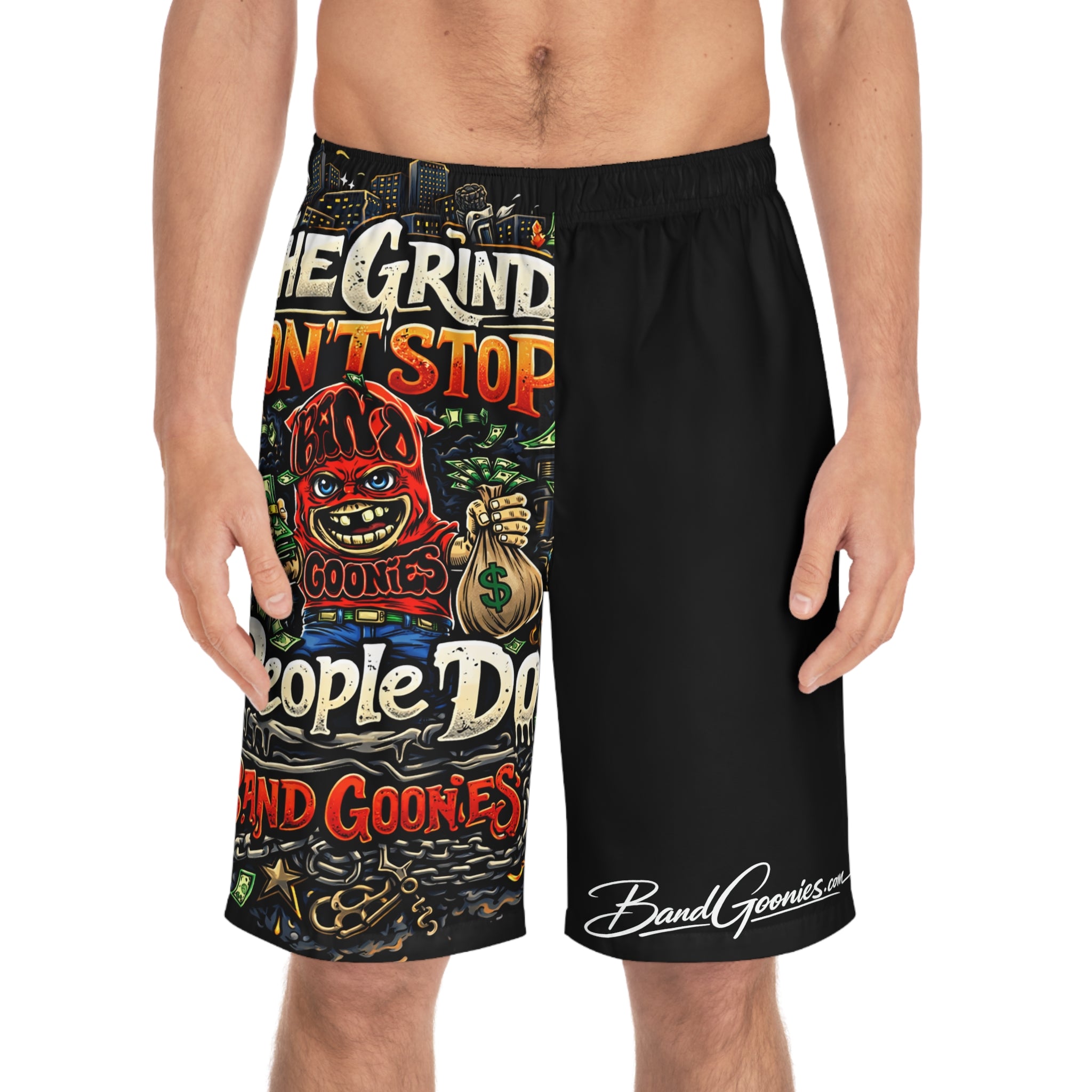 Men's Board Shorts | Red Goonie "The Grind Don't Stop, People Do"