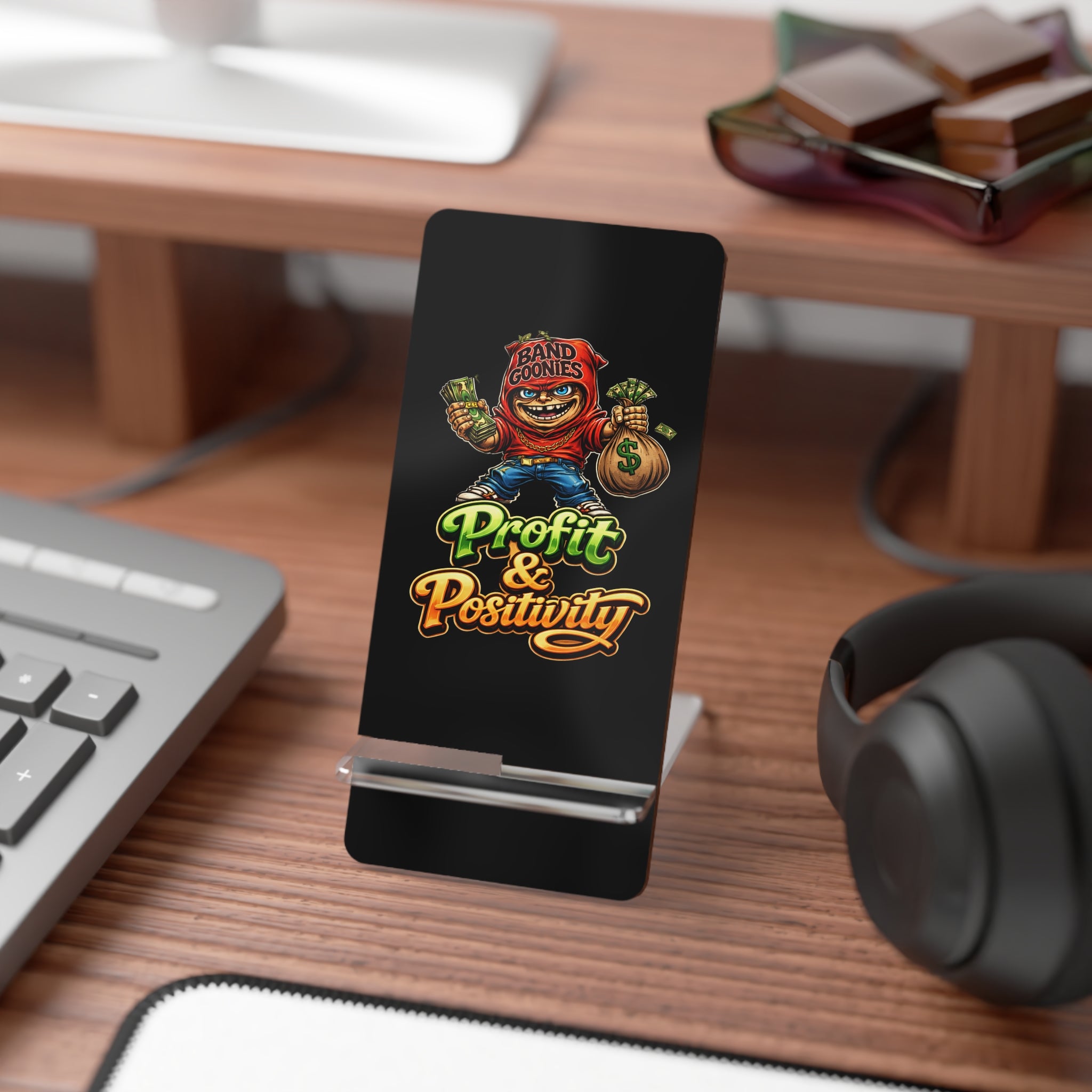 "Profit & Positivity" Red Goonie Mobile Display Stand for Smartphones