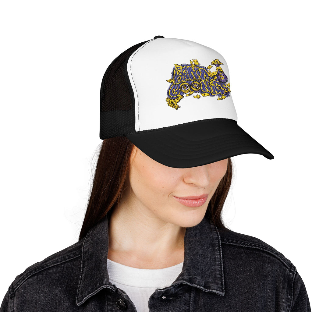Purple & Yellow Band Goonies Foam Trucker Hat (Embroidery)