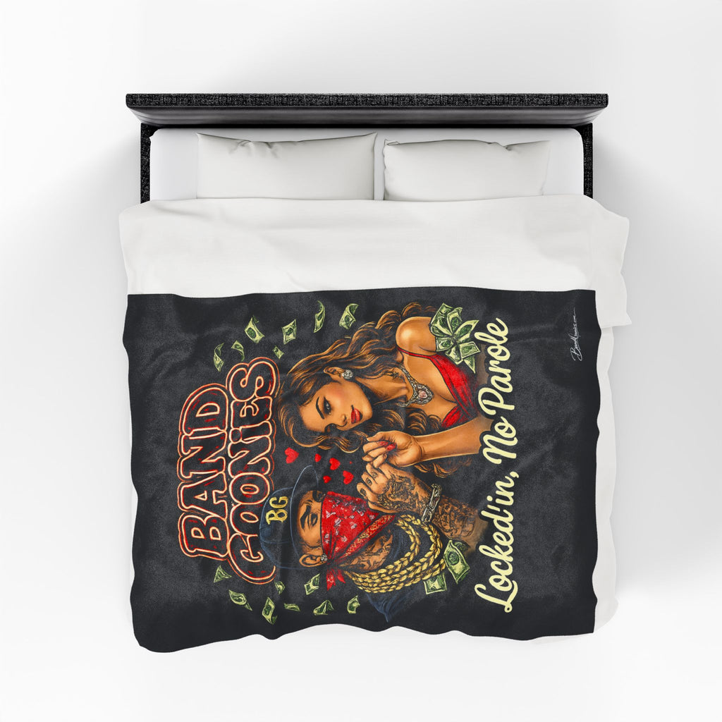 Love Velveteen Plush Blanket (Black) | Bandana Goonie Couple "Locked in, No Parole"