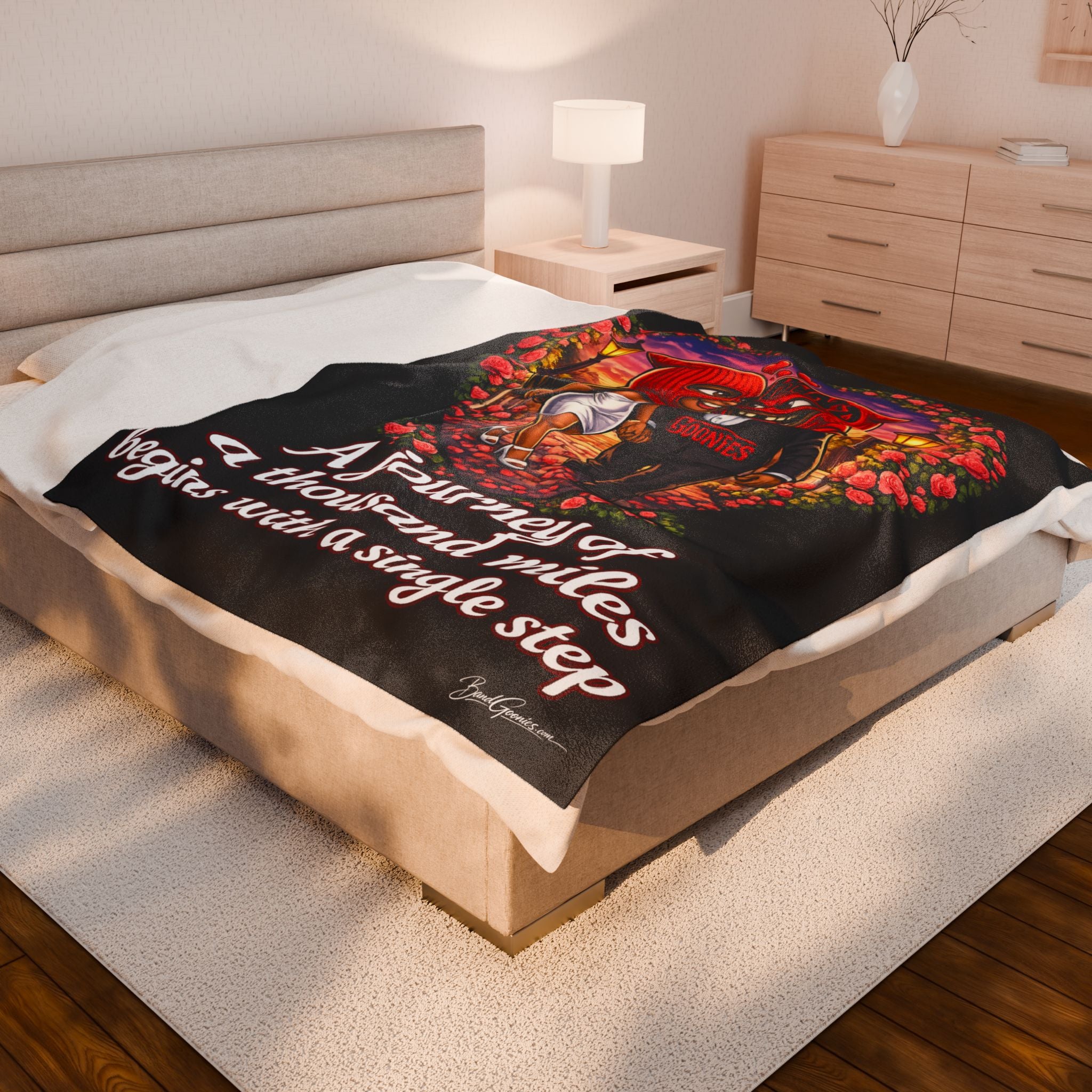 Velveteen Plush Blanket (Black) | Red Goonie Couple "A Journey of a Thousand Miles Begins with a Single Step" (60" x 80")