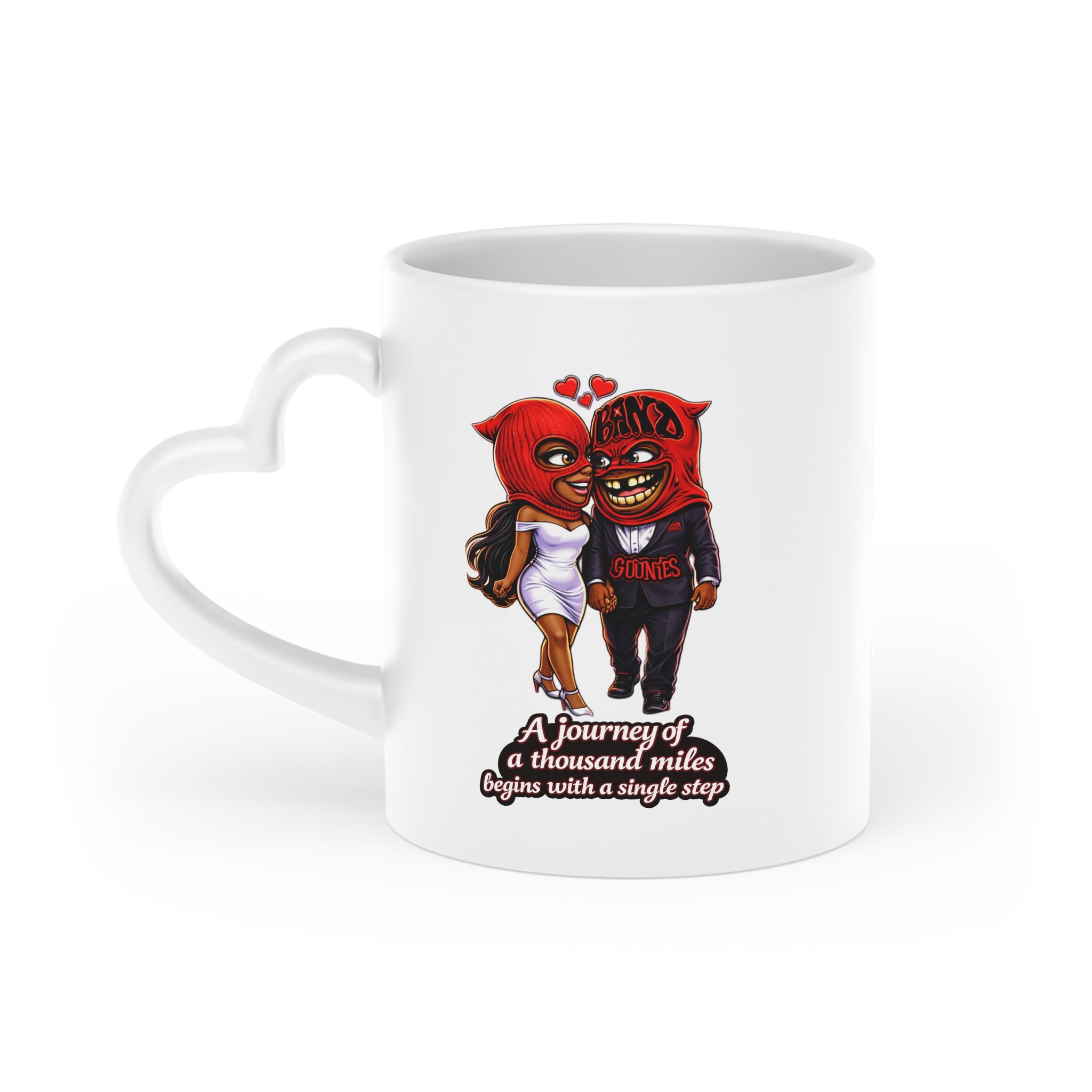 Heart-Shaped Mug (11 oz) | Red Goonie Couple "A Journey of a Thousand Miles Begins with a Single Step"