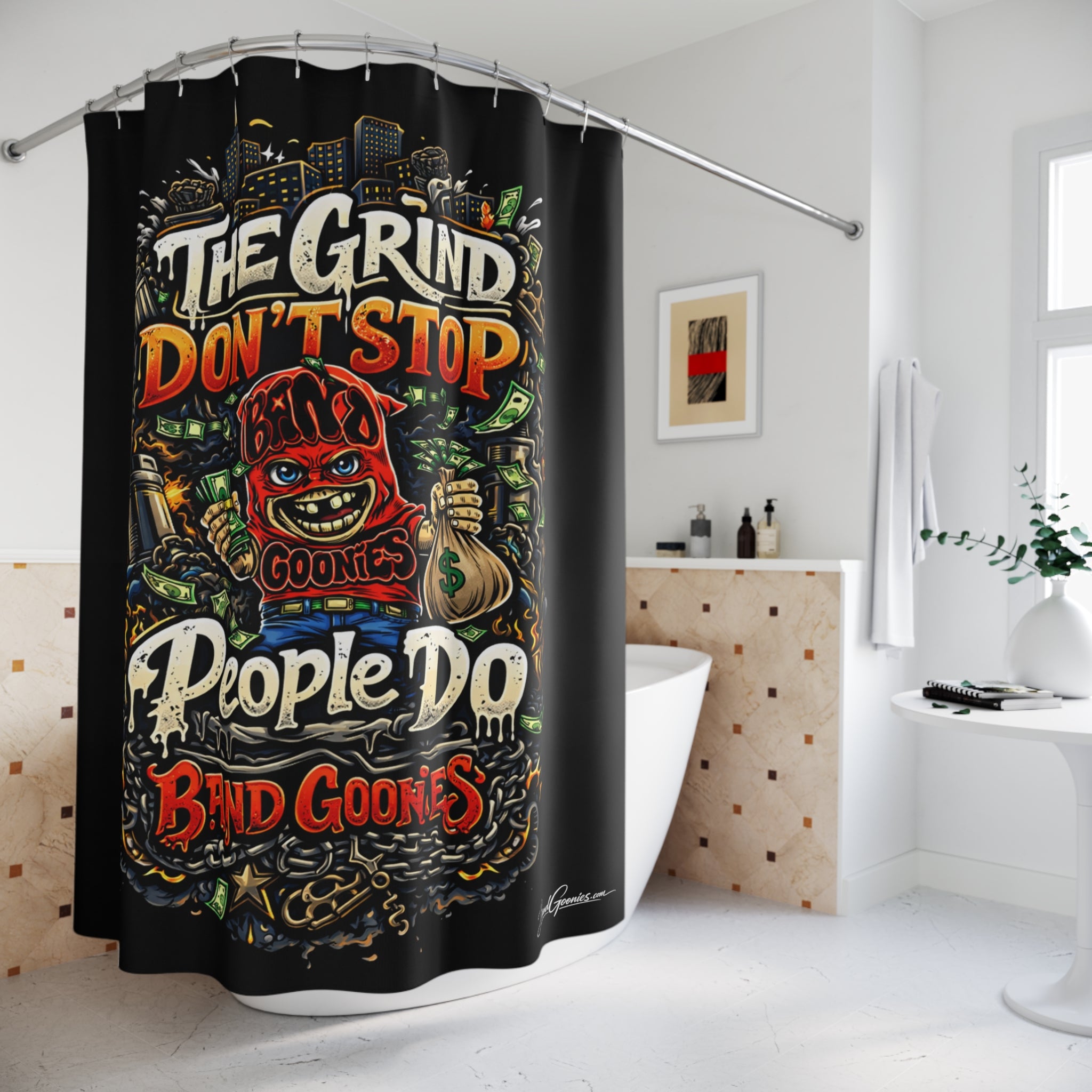 Bathroom Shower Curtains | Red Goonie "The Grind Don't Stop, People Do"