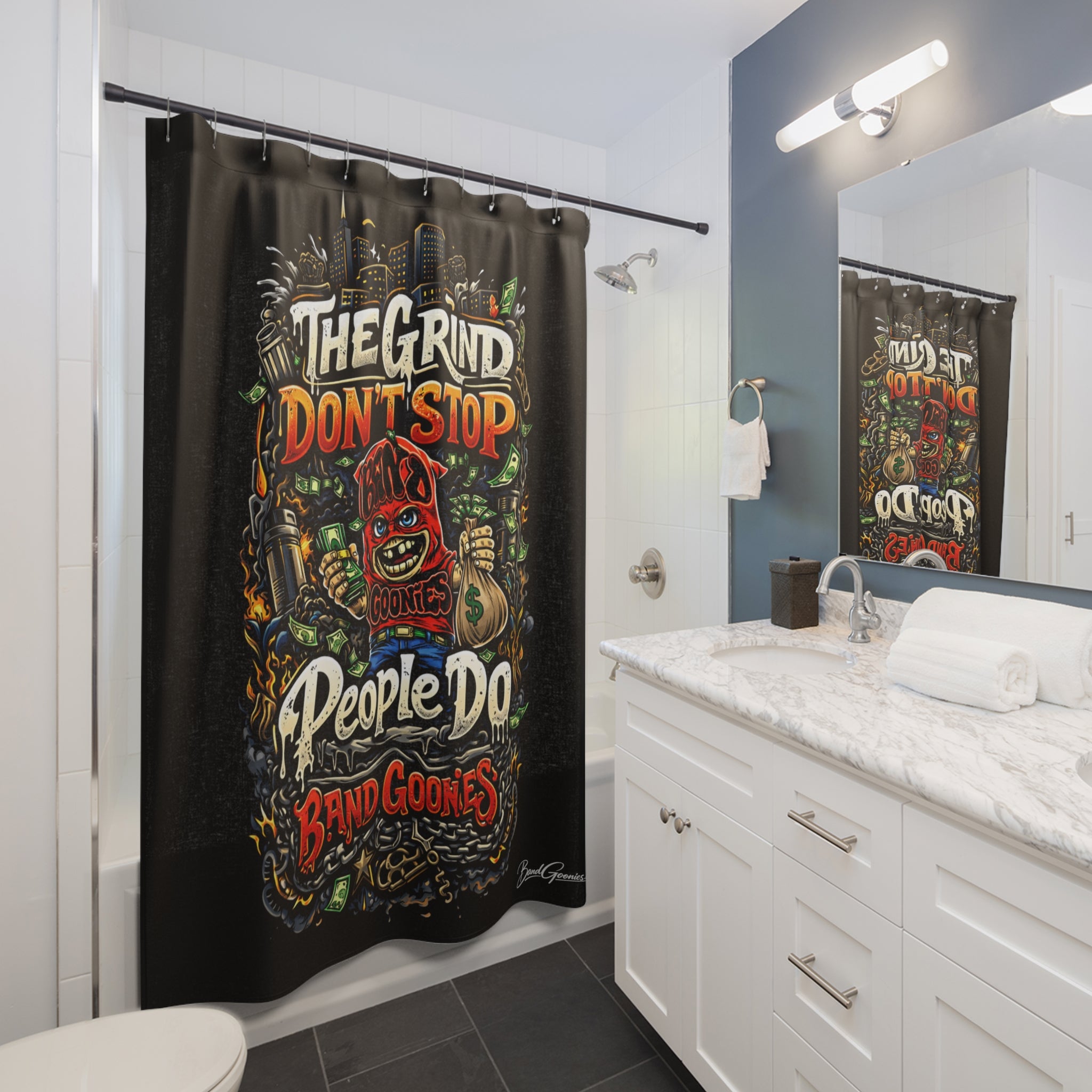 Bathroom Shower Curtains | Red Goonie "The Grind Don't Stop, People Do"