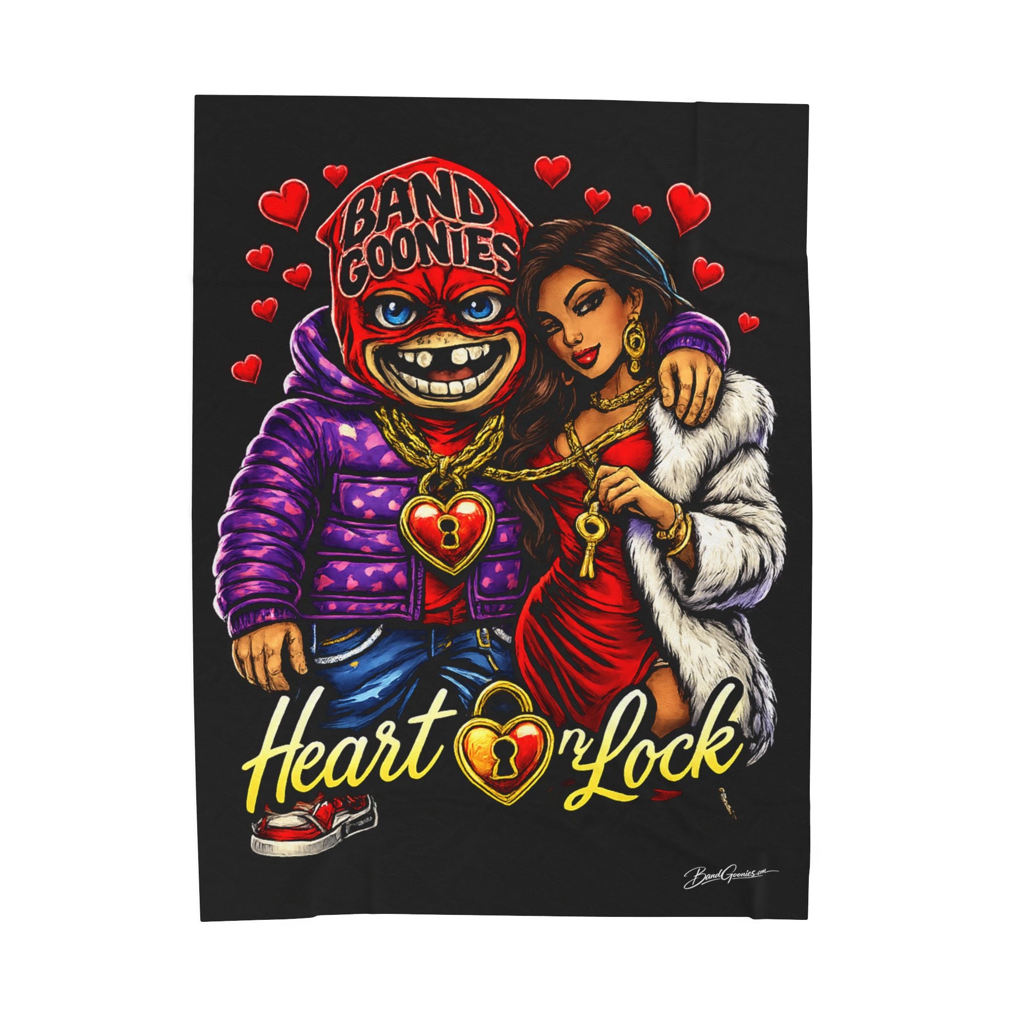Love Velveteen Plush Blanket (Black) | Red Goonie Couple "Heart on Lock"