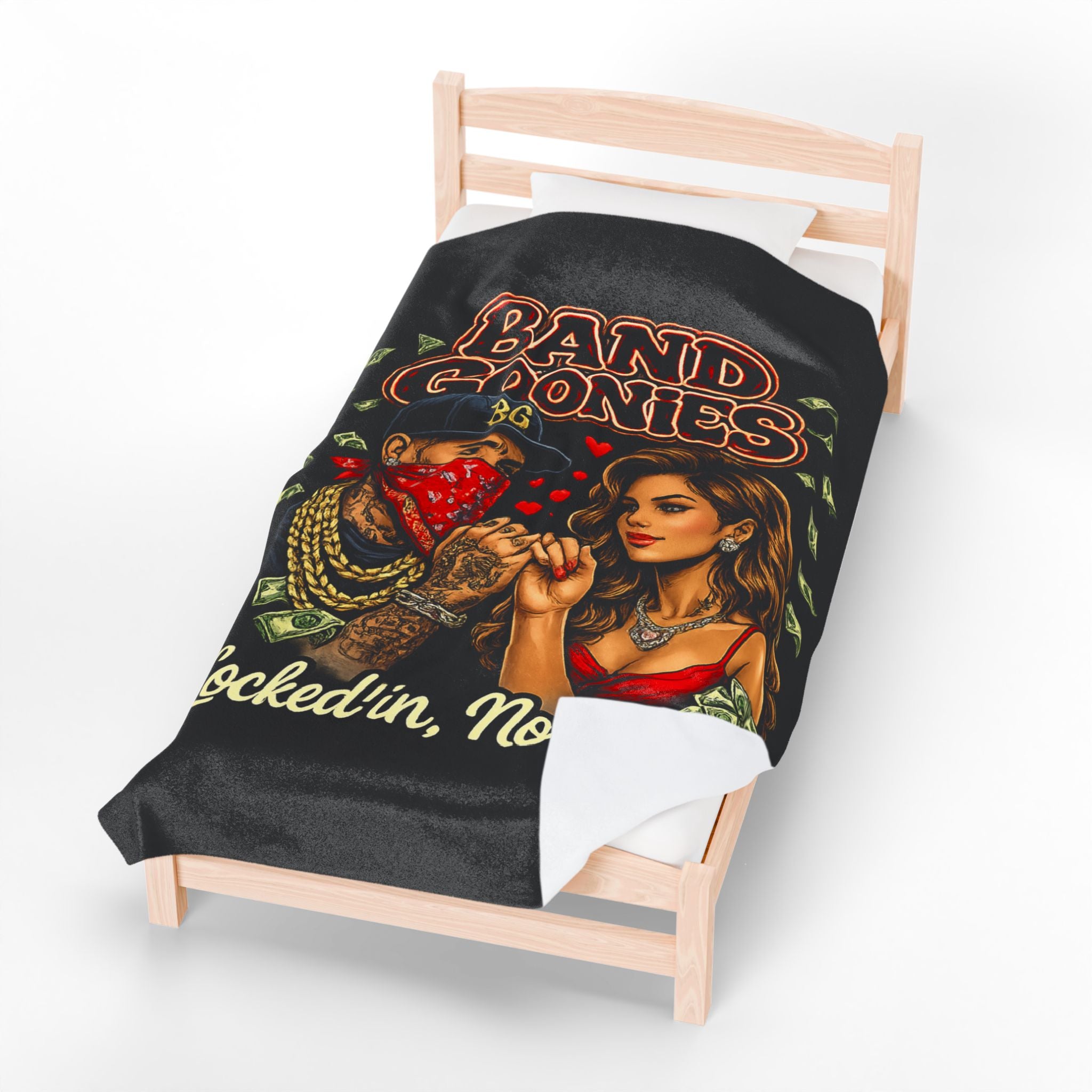 Love Velveteen Plush Blanket (Black) | Bandana Goonie Couple "Locked in, No Parole"