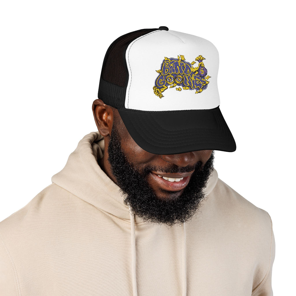 Purple & Yellow Band Goonies Foam Trucker Hat (Embroidery)